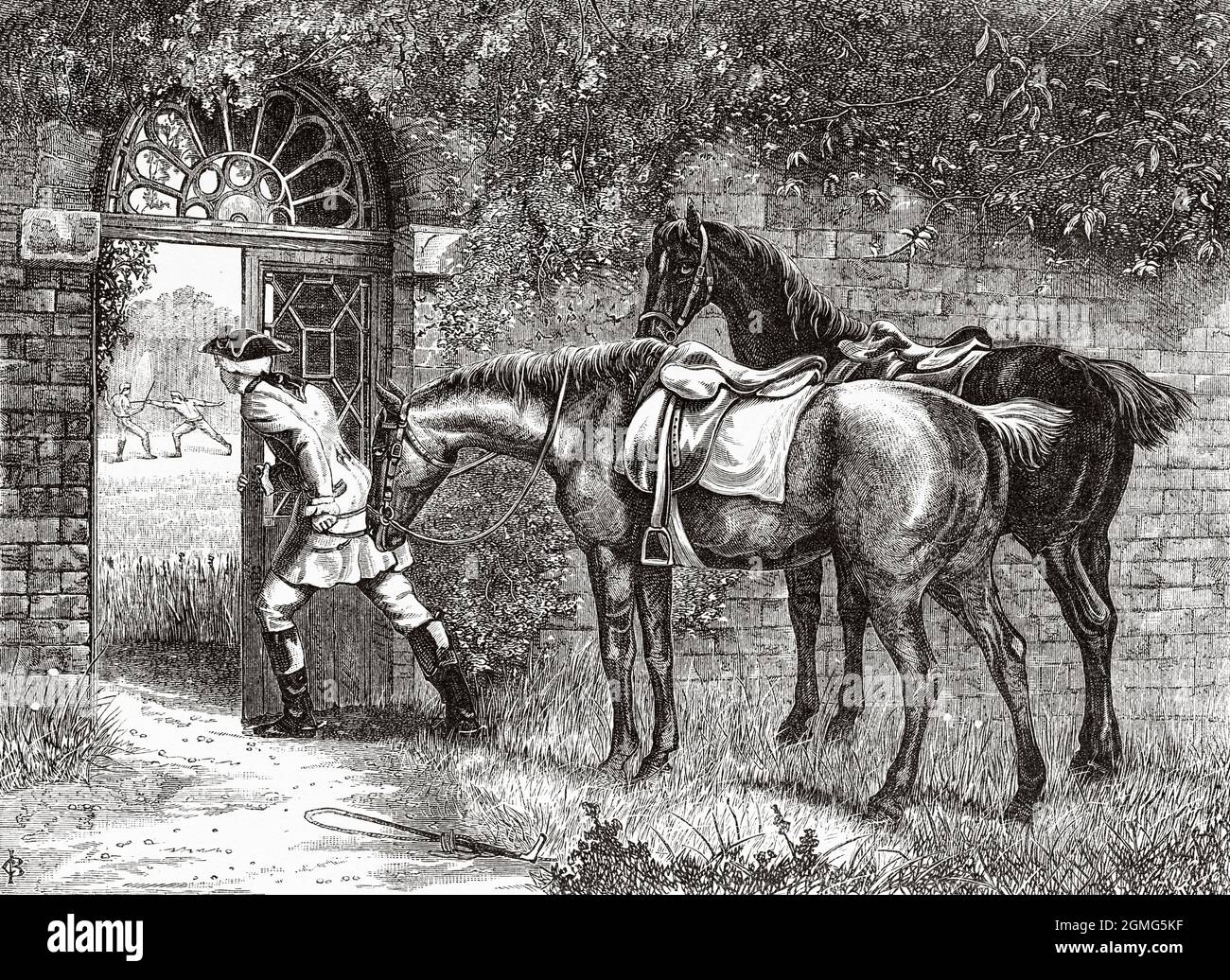 Schwert-Duell zwischen Rittern, Gemälde von Samuel Edmund Waller (1850-1903) war ein englischer Maler von Genrebildern. Alte, gravierte Illustration aus dem 19. Jahrhundert von La Ilustración Artística 1882 Stockfoto