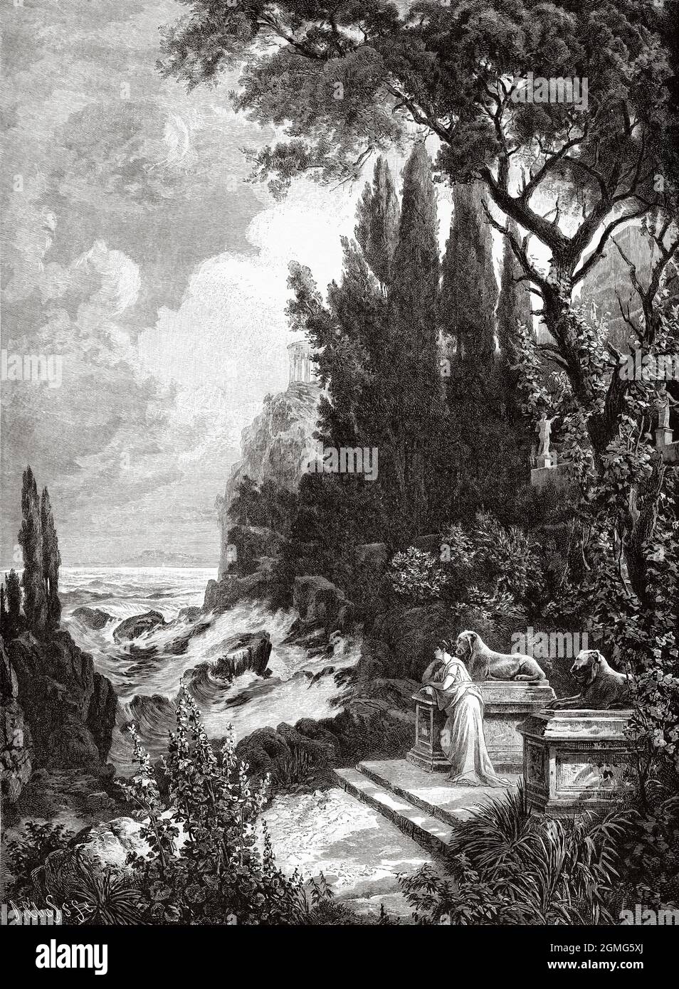 Iphigenie unter dem Stier. Iphigenie in Tauride, ist der Titel einer Tragödie von Euripides aus dem Jahr 414 Die Entwicklung der Handlung ist mit der Electra-Tragödie verbunden und steht im Zusammenhang mit Ifigenia in Áulide, gemalt von E Konald. Alte, gravierte Illustration aus dem 19. Jahrhundert von La Ilustración Artística 1882 Stockfoto