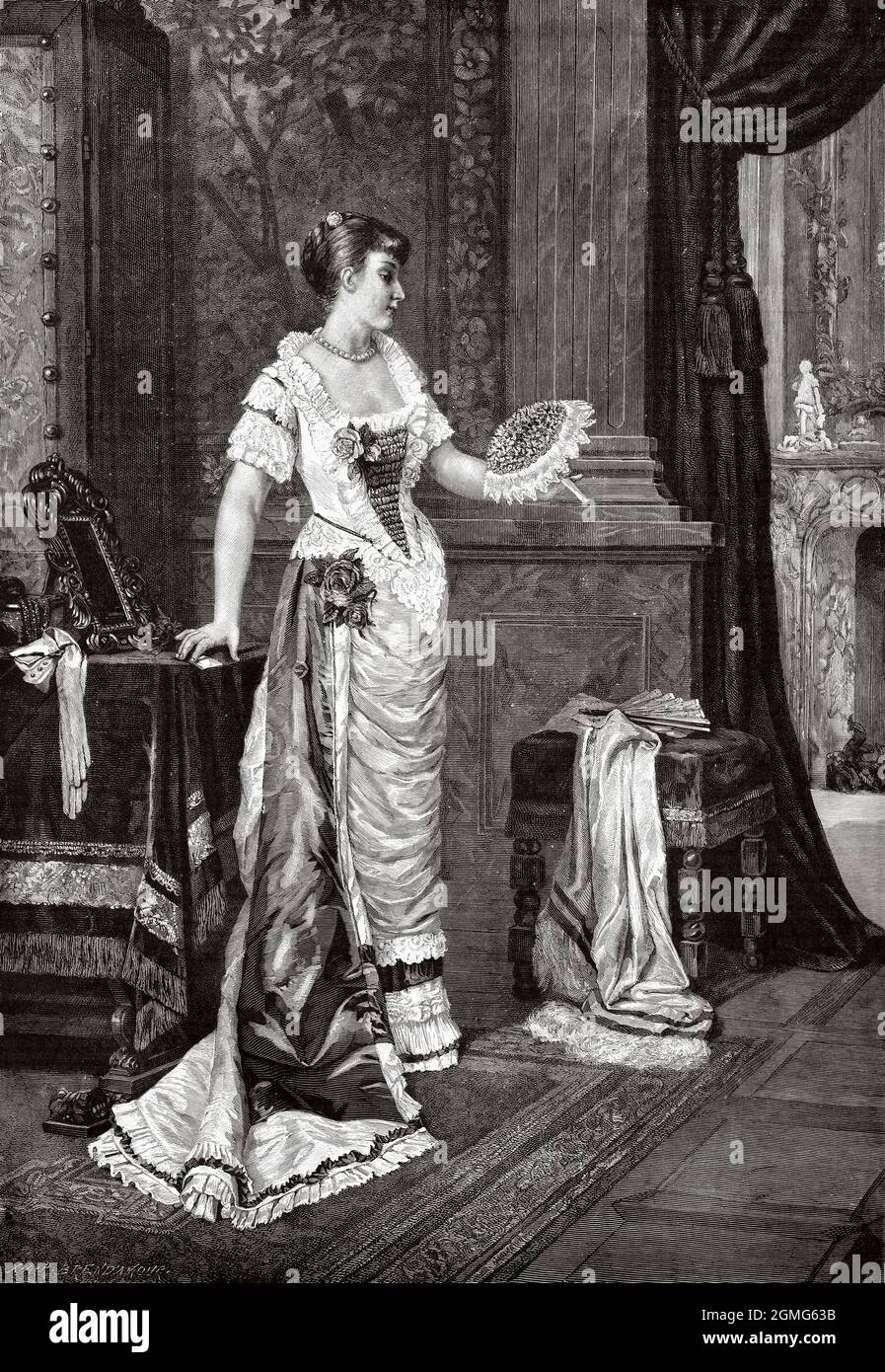 Die Sprache der Blumen, Gemälde von Fritz Sonderland (1836-1896) war ein deutscher Maler der Düsserldolf-Schule. Alte, gravierte Illustration aus dem 19. Jahrhundert von La Ilustración Artística 1882 Stockfoto