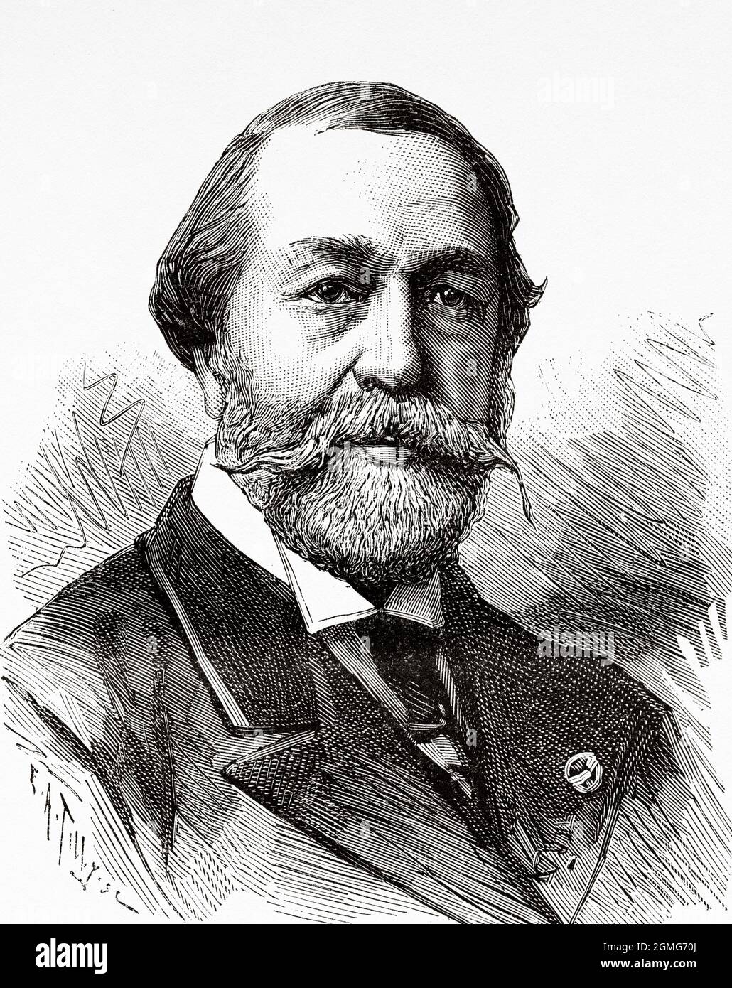 Théodose Achille Louis Vicomte du Moncel. Théodore du Moncel (1821-1884) war ein prominenter französischer Physiker und Verfechter der Nutzung von Elektrizität. 1879 gründete er die Zeitschrift La Lumière électrique. Alte, gravierte Illustration aus dem 19. Jahrhundert von La Nature 1883 Stockfoto