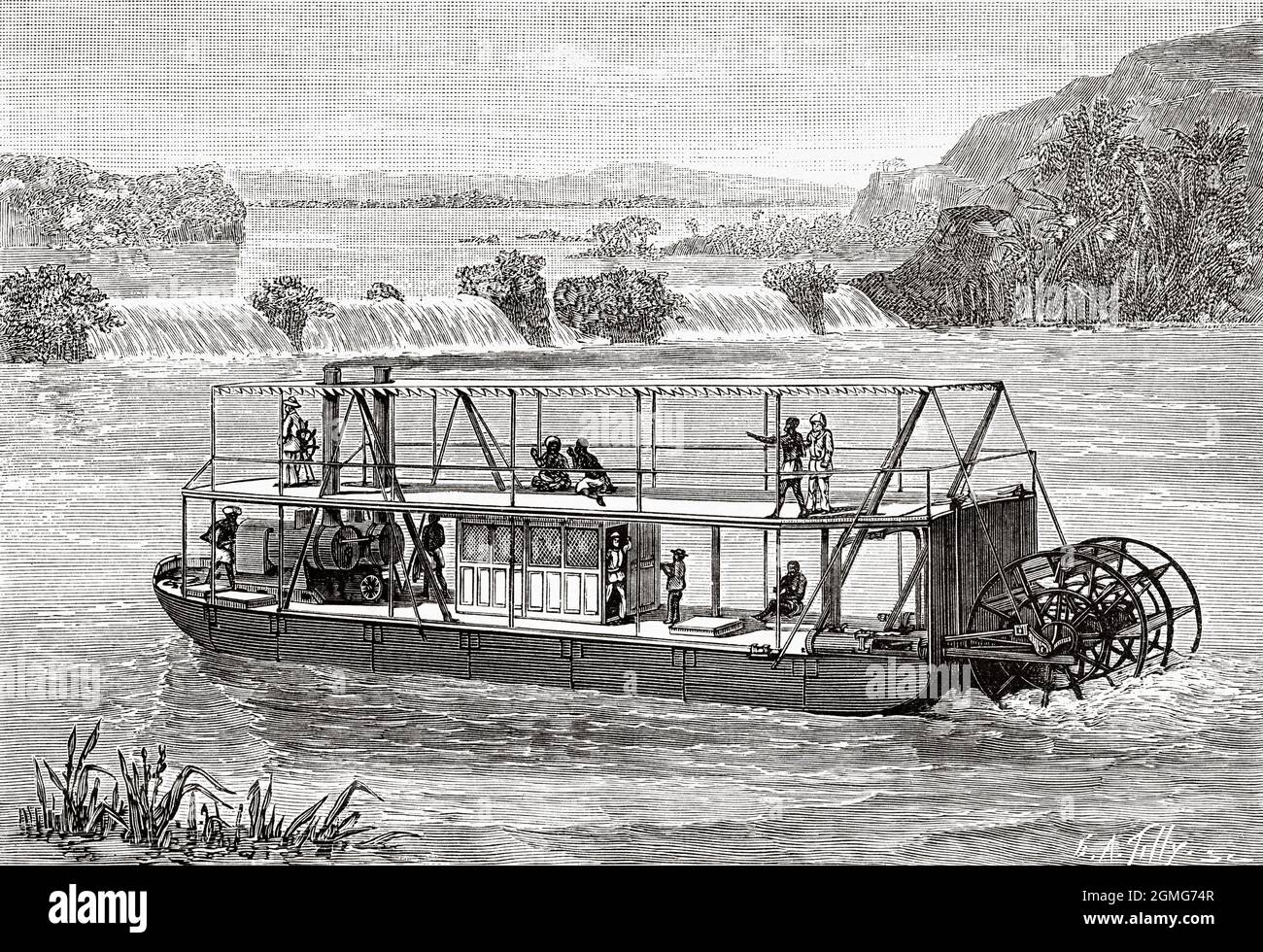 Abnehmbare und tragbare Dampfschiff der Stanley. Es wurde für die Reise von Henry Morton Stanley auf dem Kongo-Fluss in Afrika gebaut. Alte, gravierte Illustration aus dem 19. Jahrhundert von La Nature 1883 Stockfoto