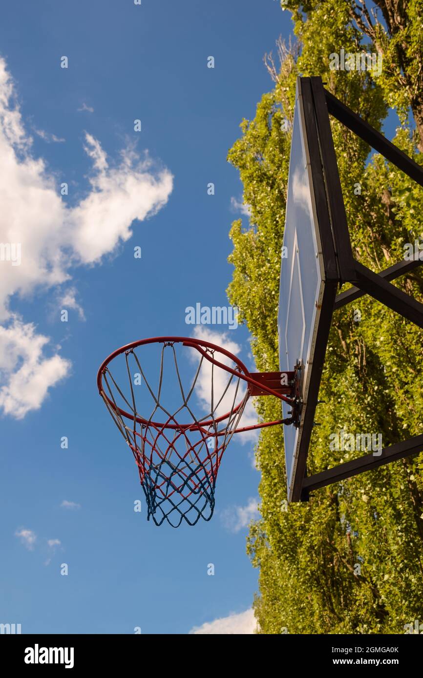 Basketball-Korb und Backboard gegen den blauen Himmel mit Wolken und Bäumen. Fotografiert von unter dem Schild, von unten Stockfoto