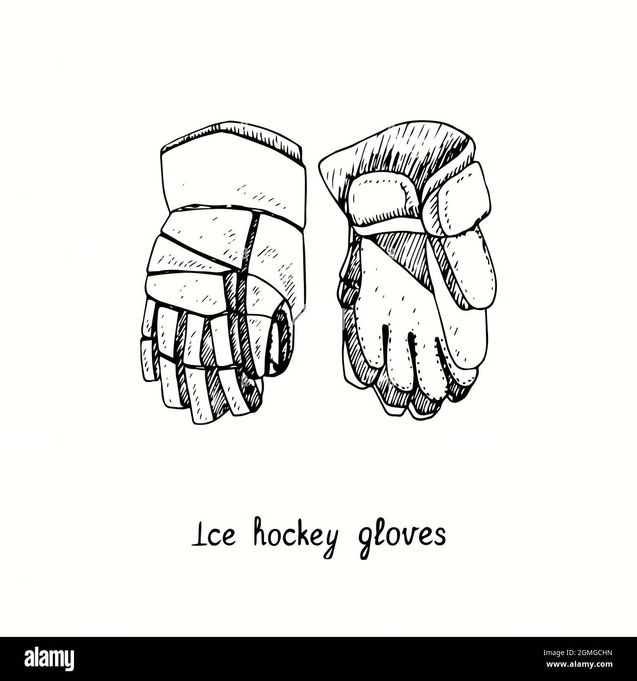 Eishockey-Handschuhe. Tusche schwarz-weie Doodle Zeichnung im  Holzschnitt-Stil Stockfotografie - Alamy