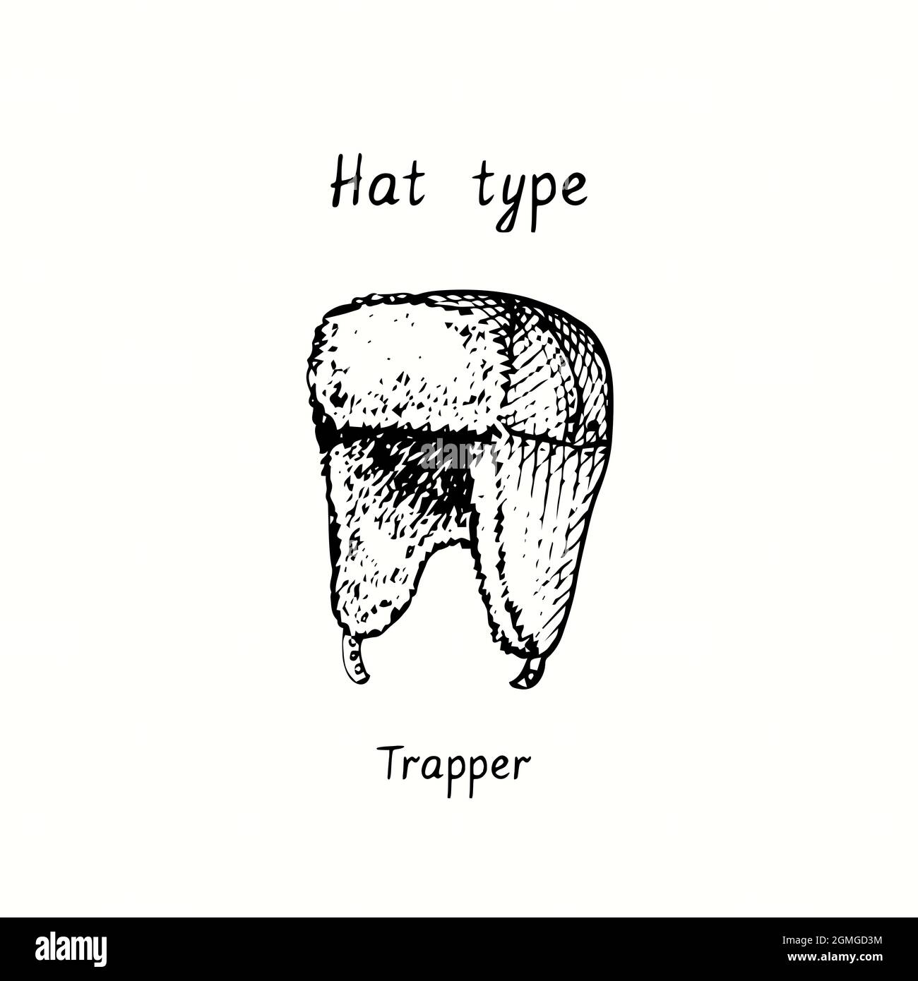 Huttyp, Trapper mit Fell. Tusche schwarz-weiß Zeichnung Umriss Illustration Stockfoto