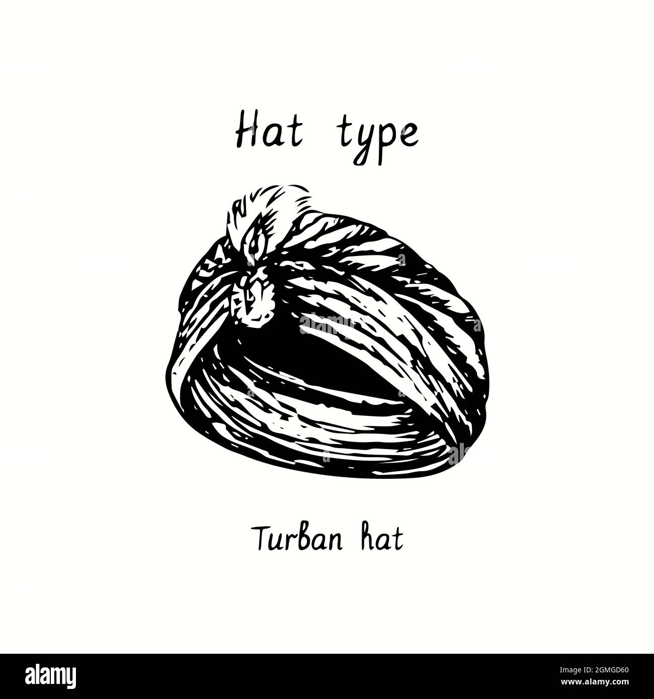 Huttyp, Turban Hut mit Pfauenfeder und Schmuck. Tusche schwarz-weiß Zeichnung Umriss Illustration Stockfoto