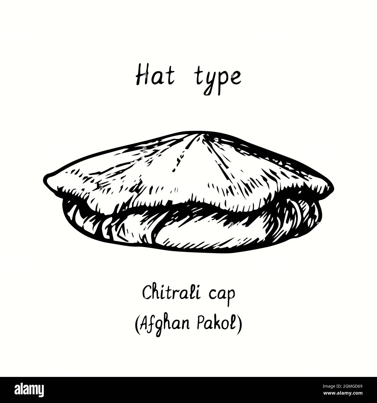 Huttyp, Chitrali Kappe oder Afghan pakol. Tusche schwarz-weiß Zeichnung Umriss Illustration Stockfoto