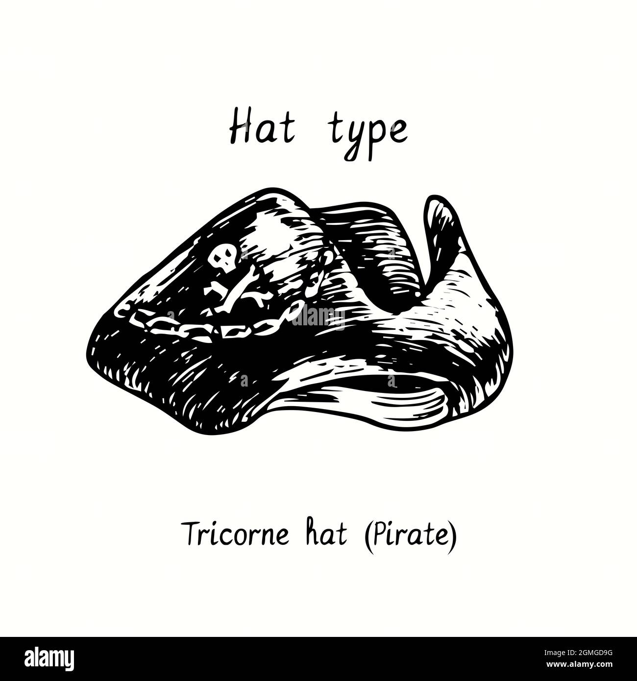 Huttyp, Tricorne-Hut (Pirat). Tusche schwarz-weiß Zeichnung Umriss Illustration Stockfoto