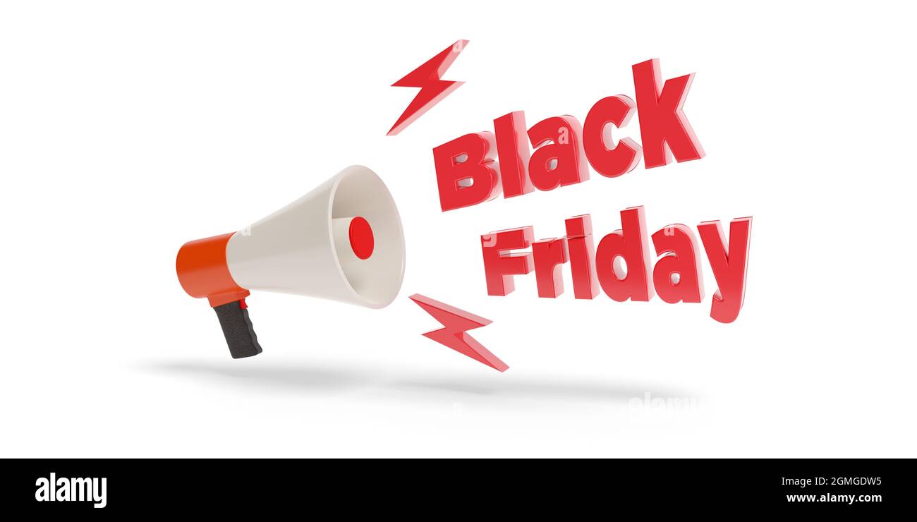 Megaphon mit schwarzem freitagstext isoliert auf weißem Hintergrund. 3d-Illustration. Stockfoto