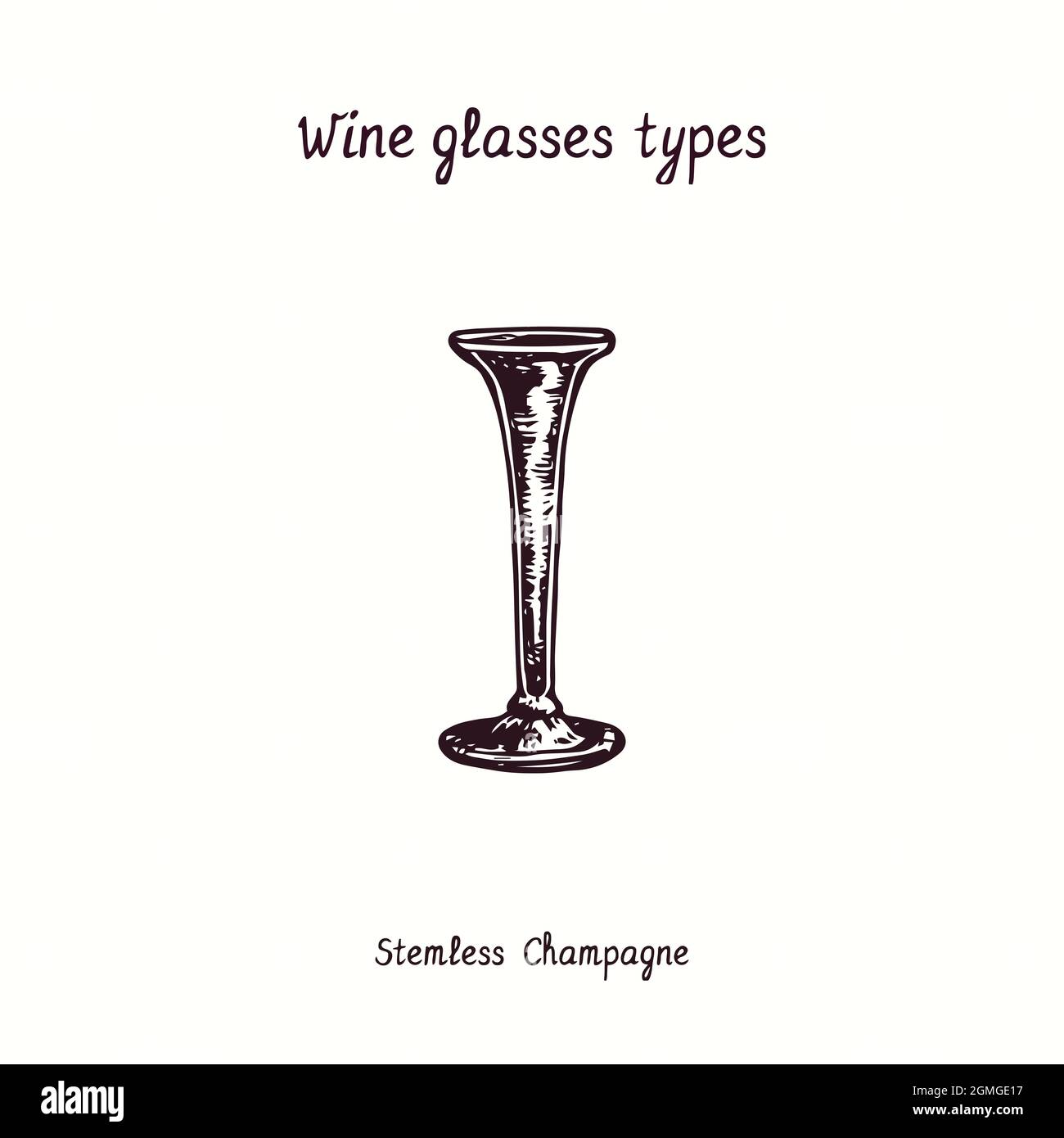 Weingläser Typen Kollektion, stemless Champagne. Tusche schwarz-weiße Doodle Zeichnung im Holzschnitt-Stil. Stockfoto