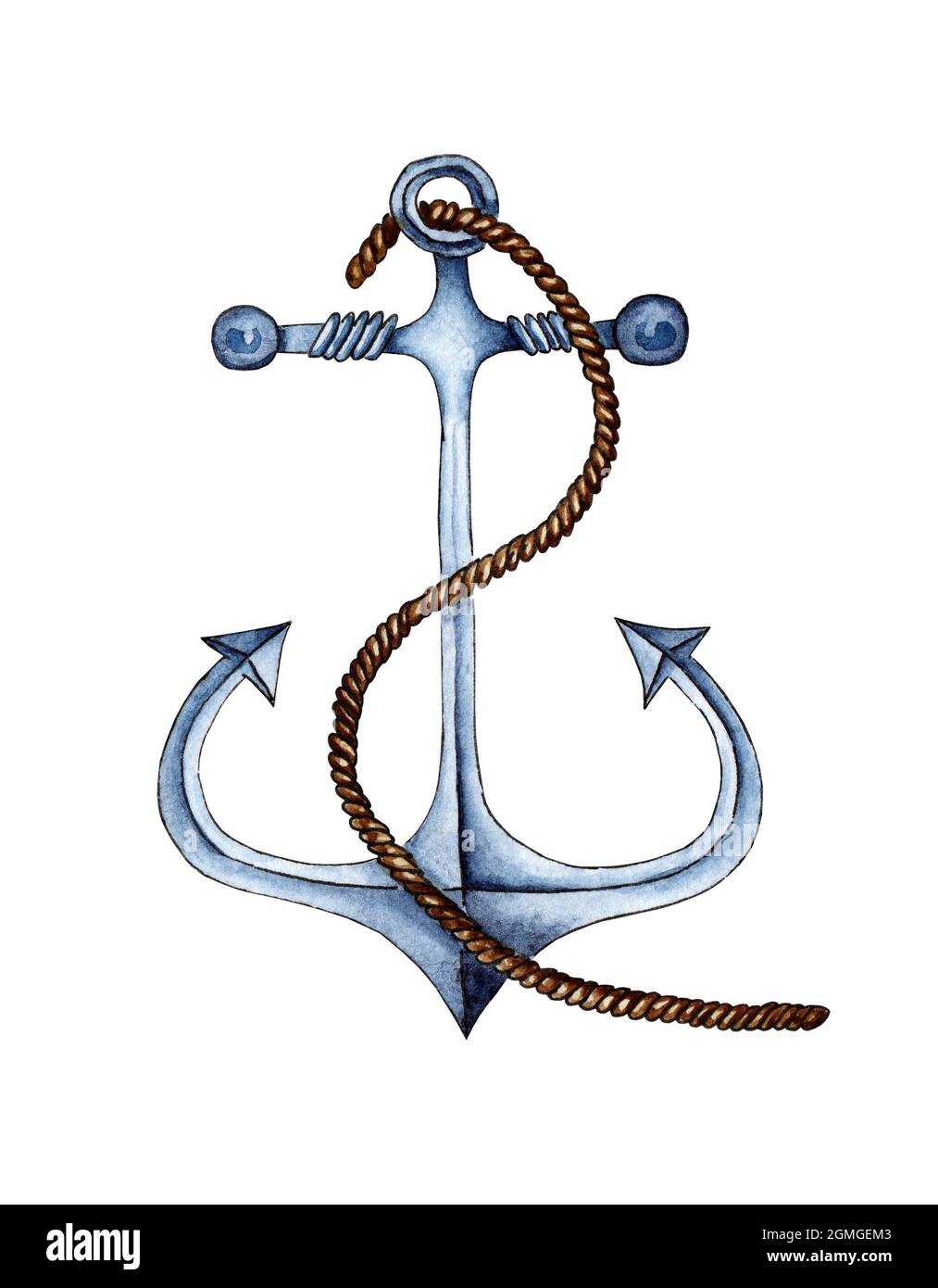 Aquarell-Illustration eines alten nautischen Ankers mit Seil. Gegenstand, um das Schiff an einem Ort zu halten. Isoliert auf weißem Hintergrund. Von Hand gezeichnet. Stockfoto
