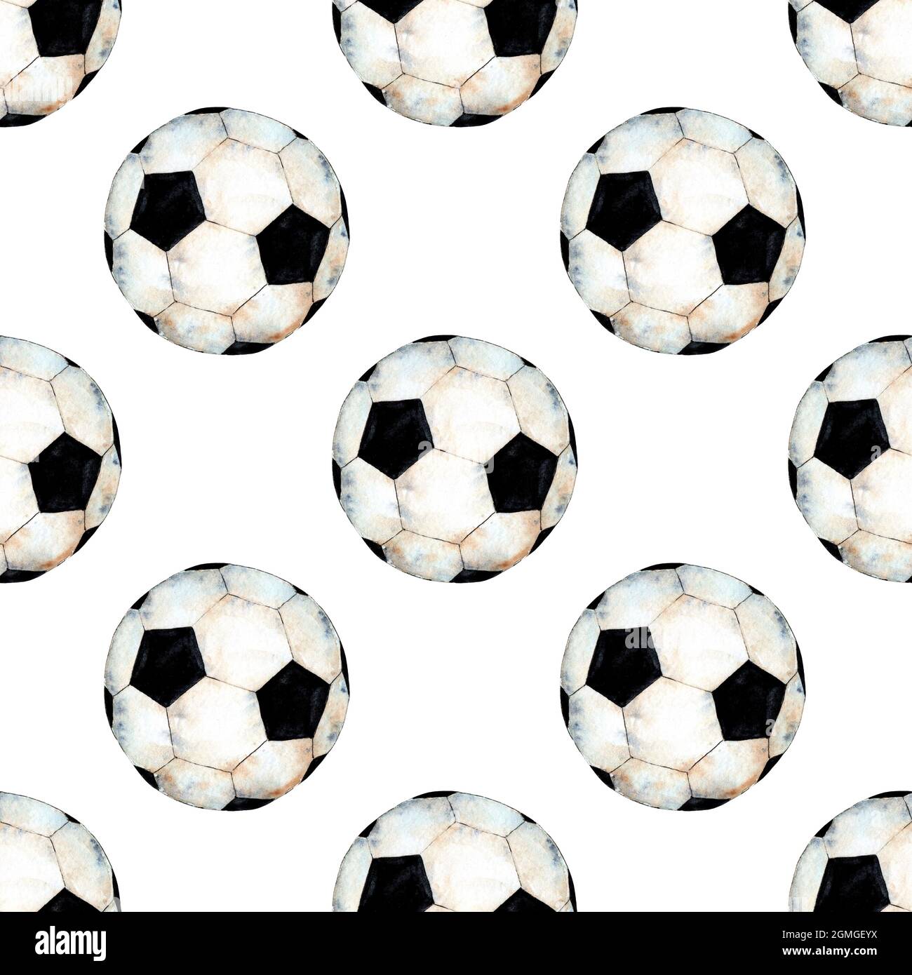 Aquarell-Illustration eines Fußballmusters. Sportsymbol. Nahtlos wiederholter Druck der WM. Isoliert auf weißem Hintergrund. Gezeichnet von h Stockfoto