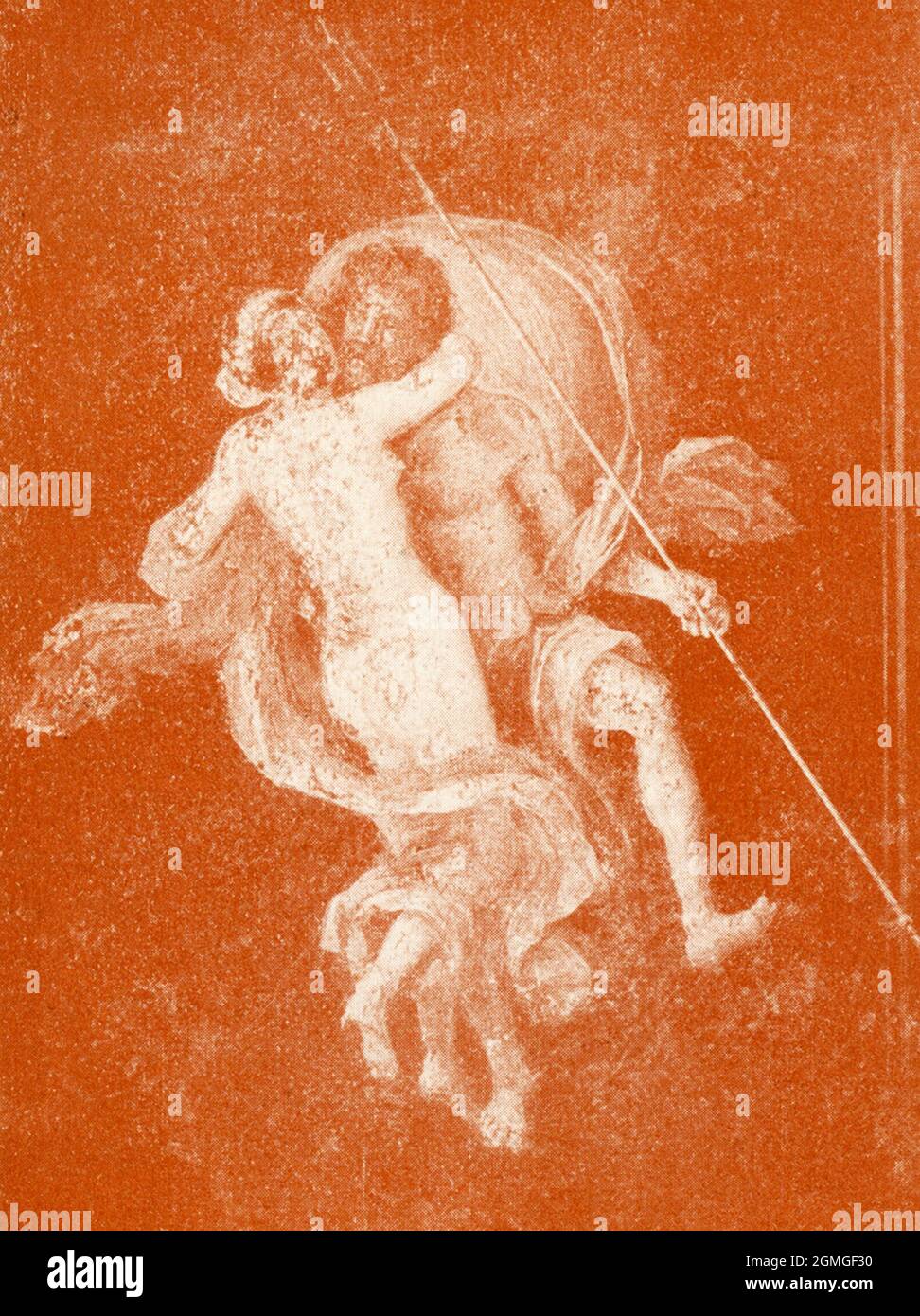 Diese 1910 in Pompeji freigelegte Illustration eines Wandbildes zeigt den meeresgott Poseidon und eine Nymphe. Die römische Stadt Pompeji, südlich von Rom, wurde beim Ausbruch des Vesuvs im Jahr 79 n. Chr. begraben. Stockfoto