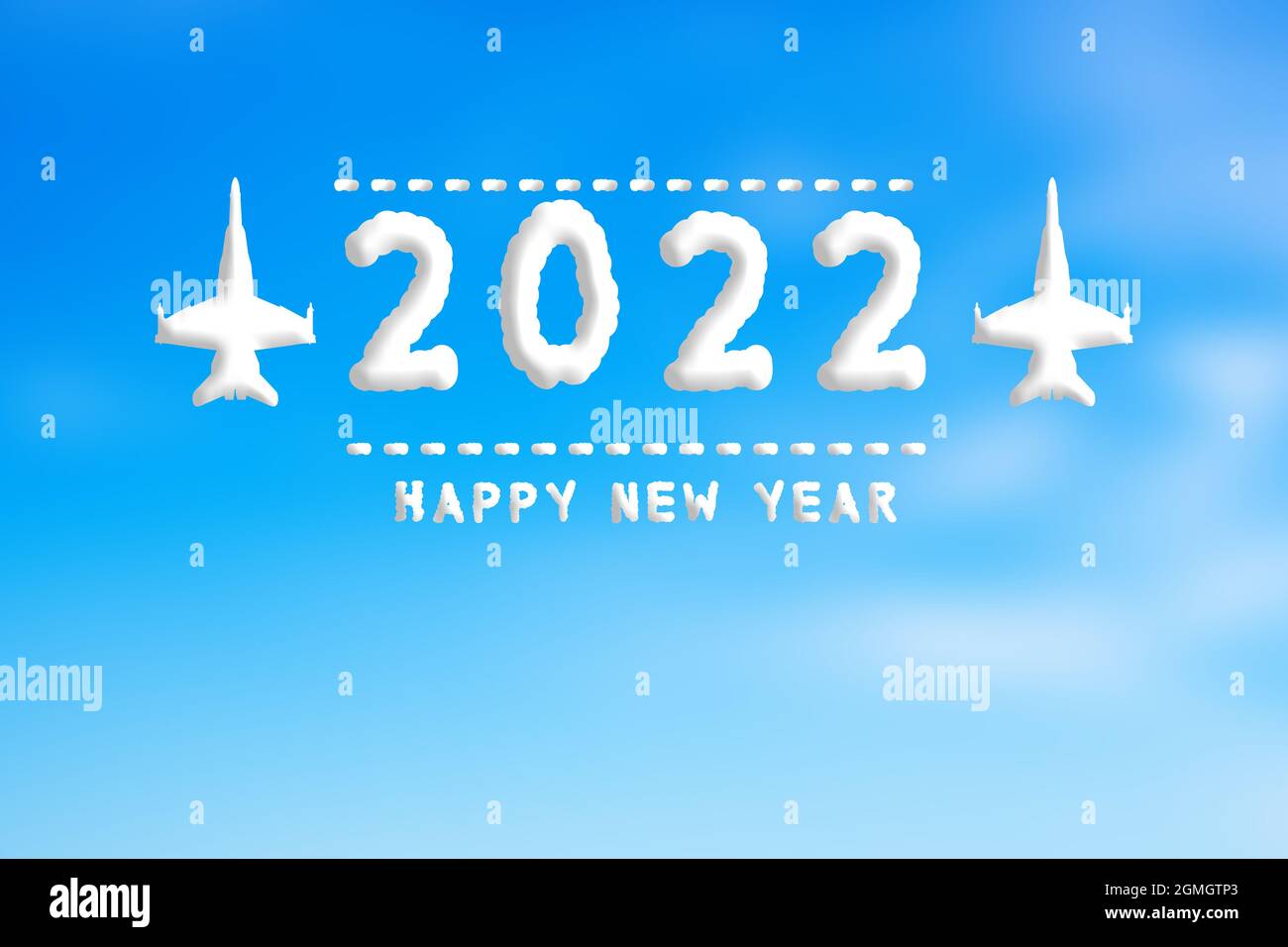 Happy New Year 2022 Konzept. Wolkenzeichnung per Flugzeug in weichem blauen Himmel. 22. Fest und Luftfahrt. Stockfoto