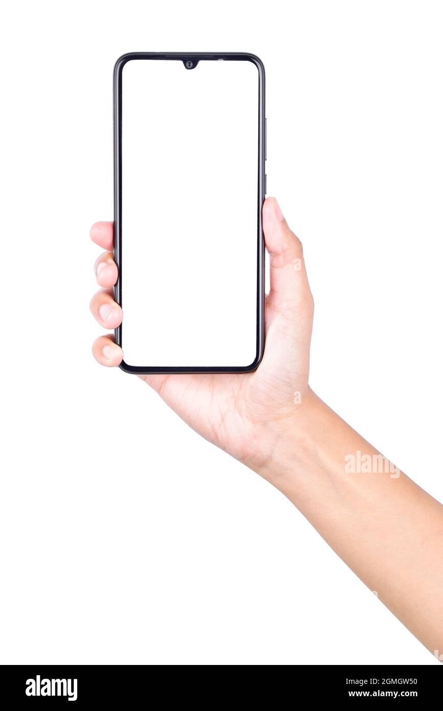Leerer Bildschirm Smartphone in der Hand der Frau auf weißem Hintergrund isoliert, Lünette weniger Handy über weißem Hintergrund Stockfoto