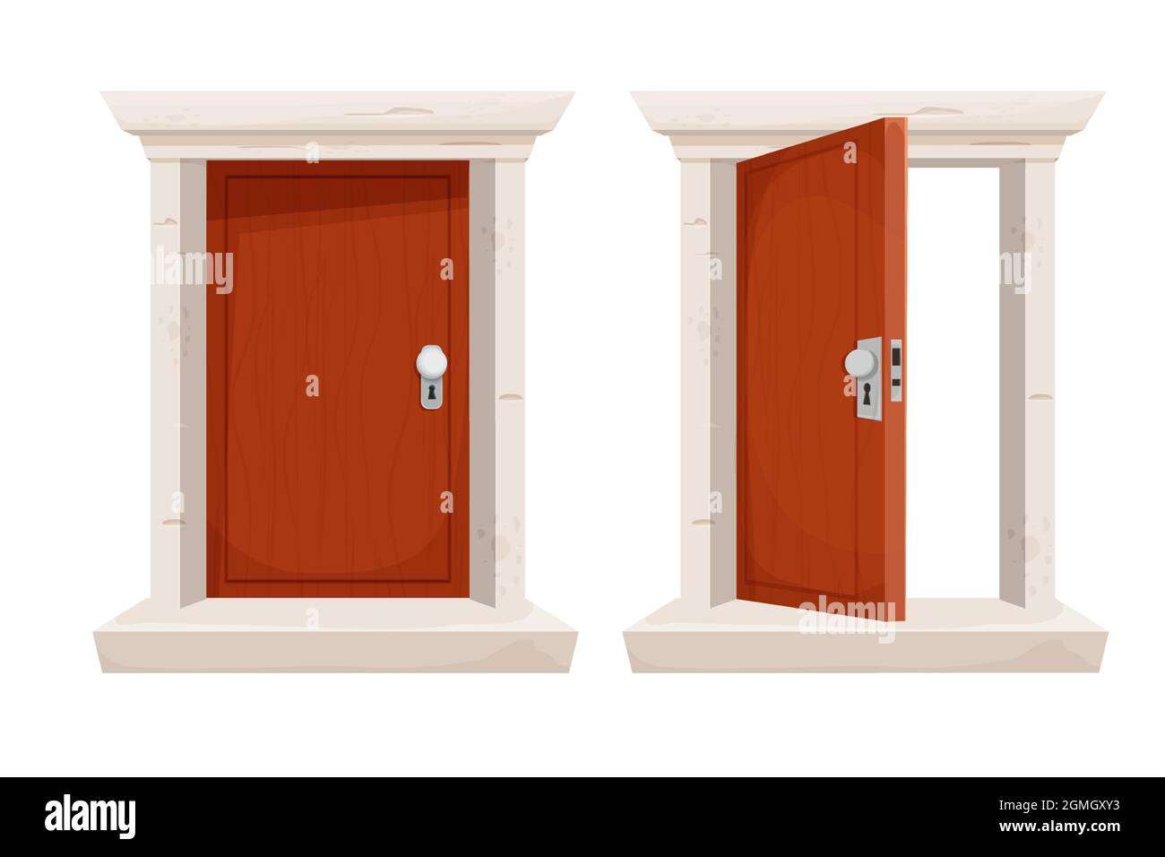 Setzen Sie Holztür offen und geschlossen in Cartoon-Stil isoliert auf weißem Hintergrund. Türrahmen aus Stein, Eingang. Spielelement. Vektorgrafik Stock Vektor