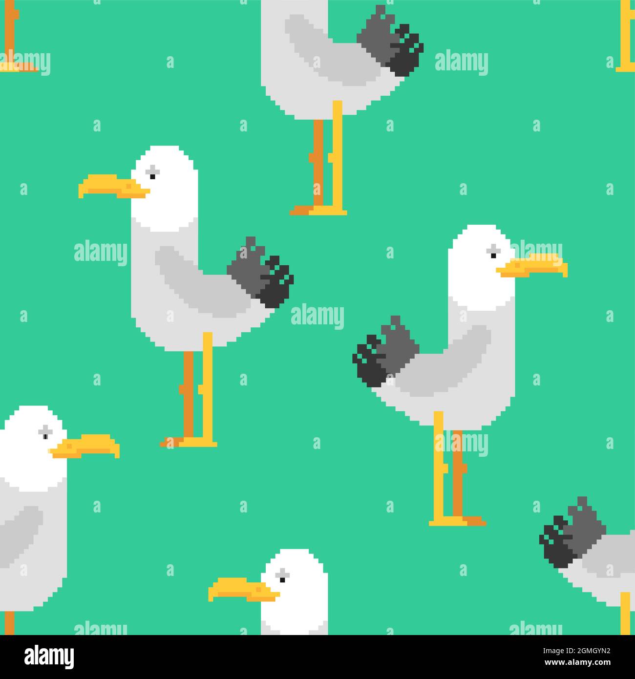 Möwe Pixel Art Muster nahtlos. möwe 8 Bit Hintergrund. Seevögel verpixelte Textur Stock Vektor