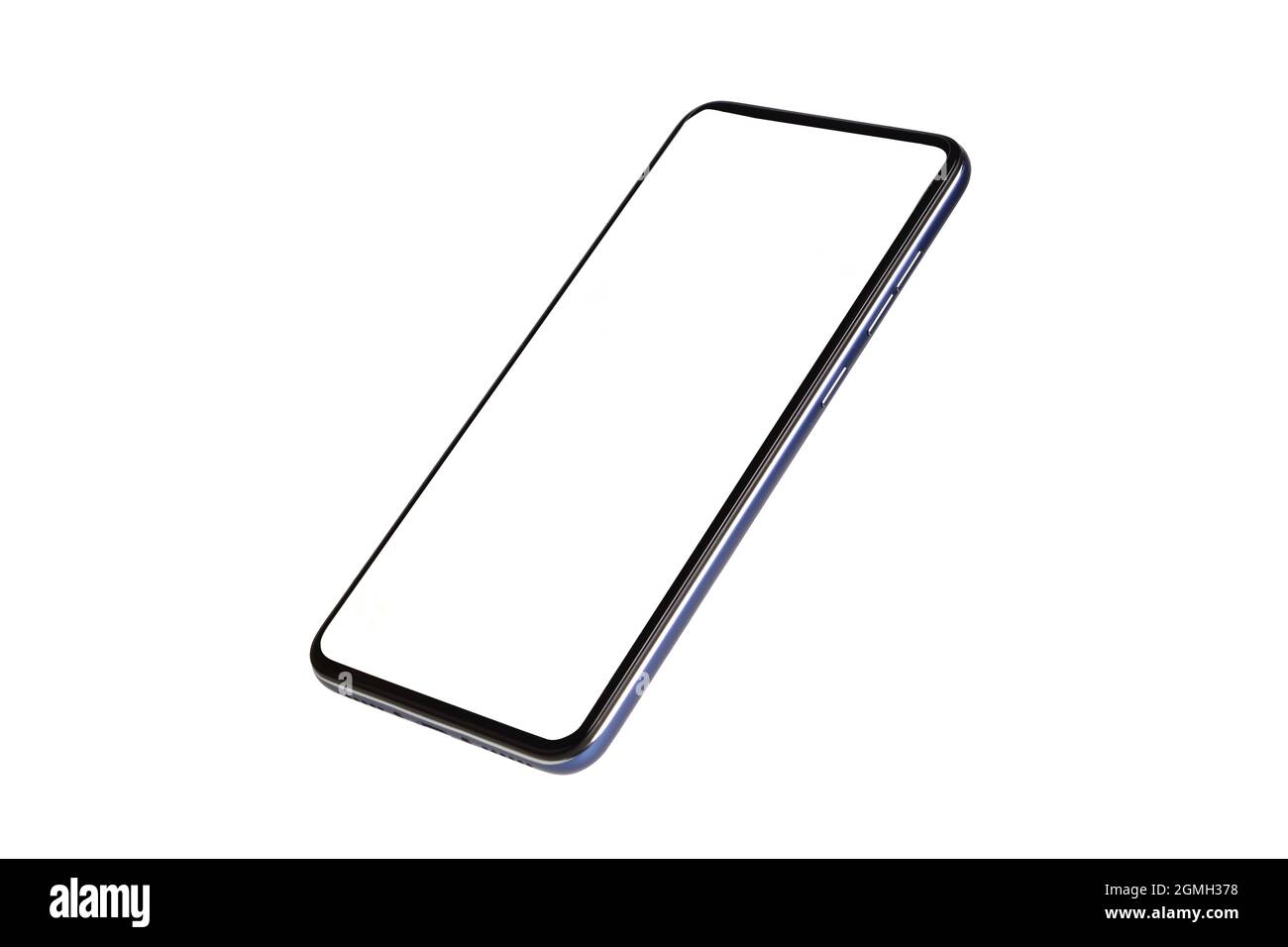 Seitenansicht des leeren Bildschirms Smartphone isoliert auf weißem Hintergrund mit Beschneidungspfad Stockfoto