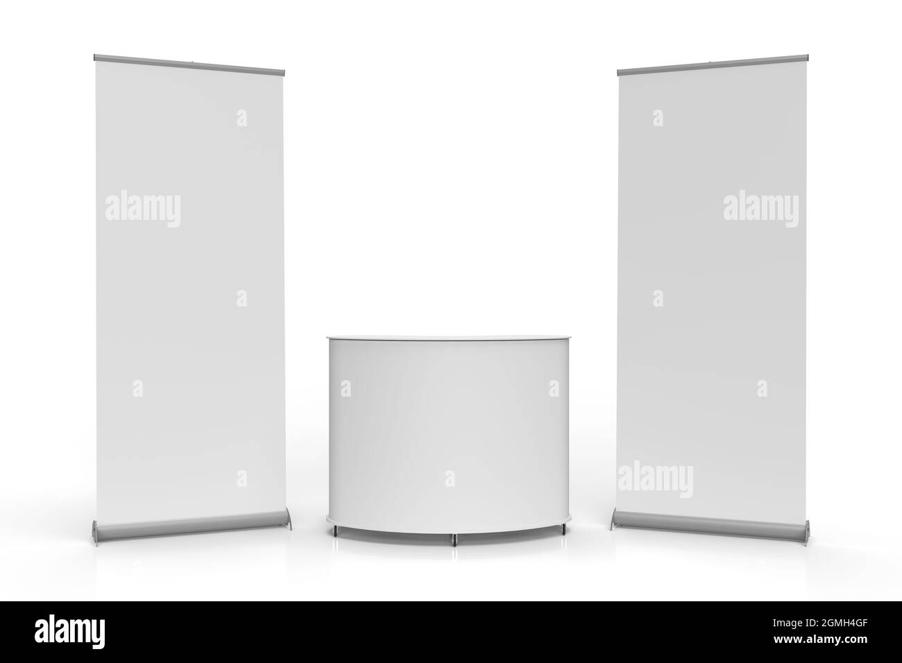 Pullup-Banner mit nierenförmigem Ausstellungstisch, isoliert auf weißem Hintergrund, 3d-gerenderte Illustration für Mockup und Illustratio Stockfoto