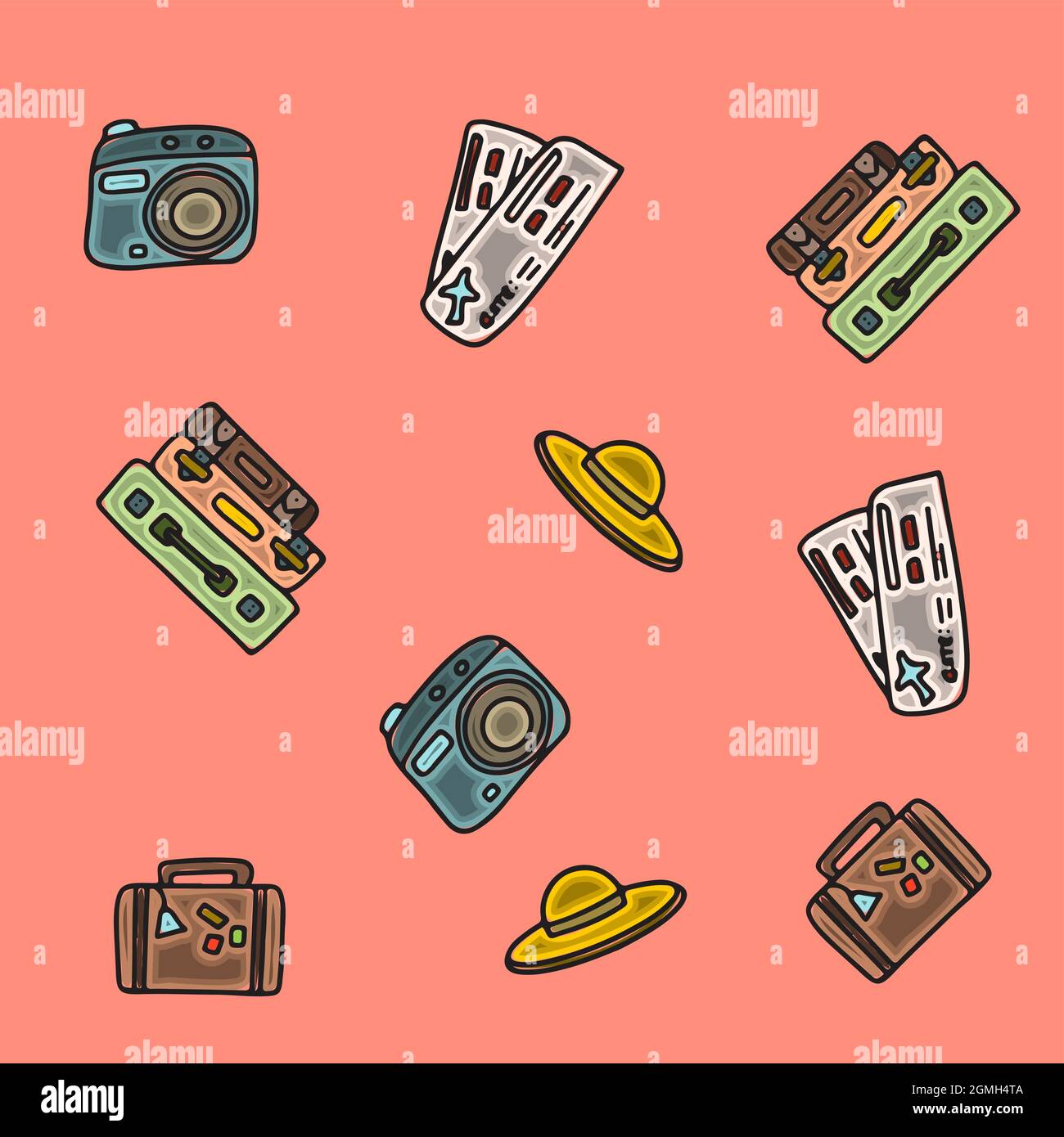 Nahtloses Sommermuster. Handzeichzubehör für Strandurlaub am Meer. Doodle Illustration für Anzeigen, Web, Flyer und Banner. Satz von gezeichnet von Stock Vektor