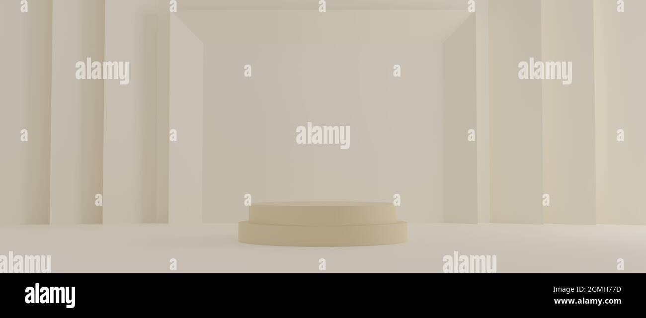 Kosmetisches Podium Produkt minimale Szene mit Plattform beige Hintergrund 3d-Rendering. Display-Ständer für pastellweiße Farbe Mock up. Stand zeigen Schönheit. Stockfoto