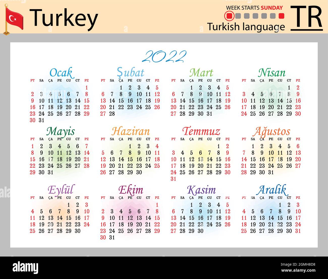 Türkischer horizontaler Taschenkalender für 2022 (zweitausend zweiundzwanzig). Die Woche beginnt am Sonntag. Neues Jahr. Farbe einfaches Design. Vektor Stock Vektor