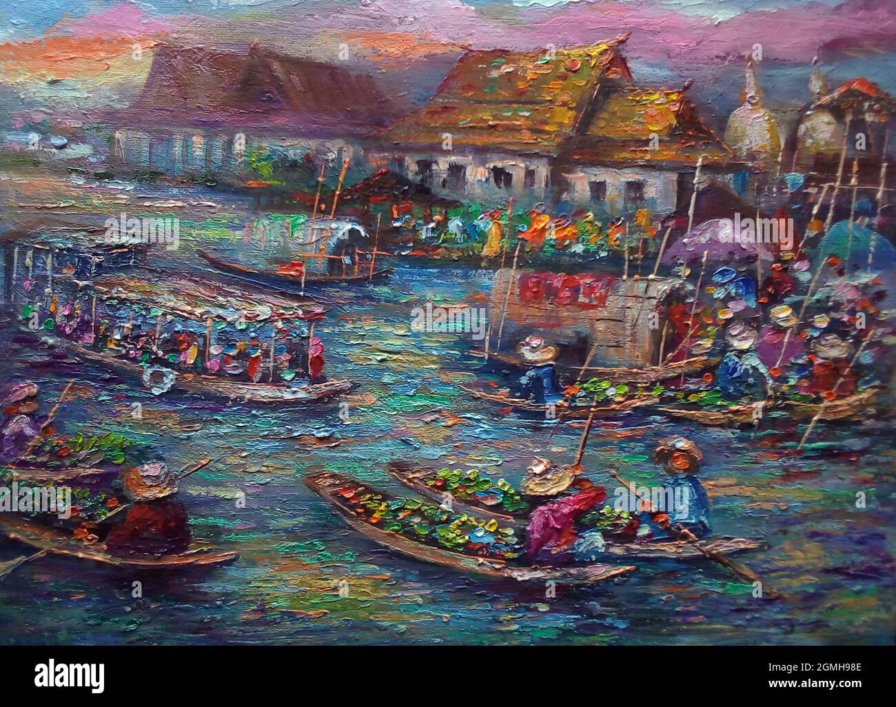 Kunst Malerei Ölfarbe Floating Markt Thai Land , Land Stockfoto