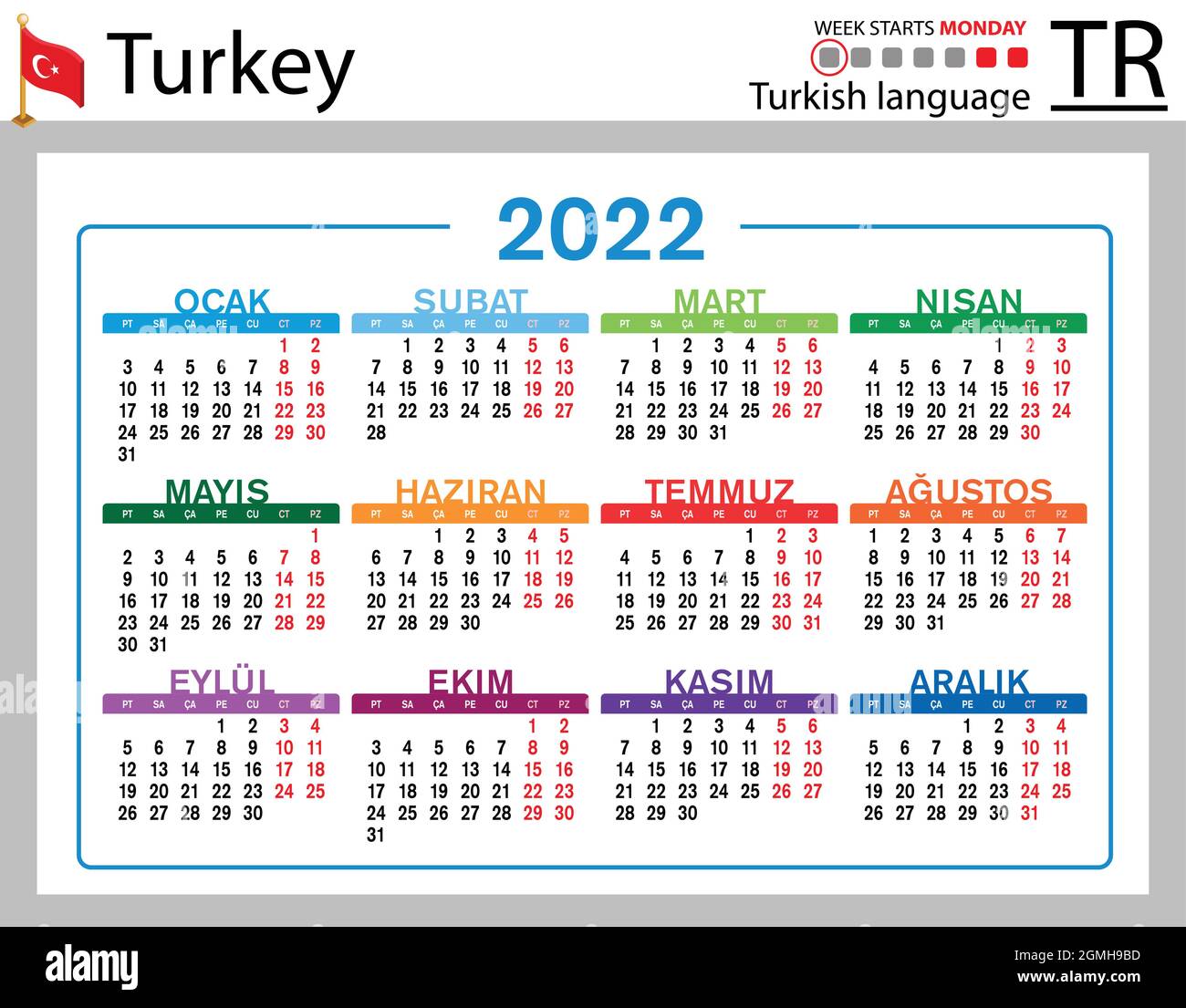 Türkischer horizontaler Taschenkalender für 2022 (zweitausend zweiundzwanzig). Die Woche beginnt am Montag. Neues Jahr. Farbe einfaches Design. Vektor Stock Vektor