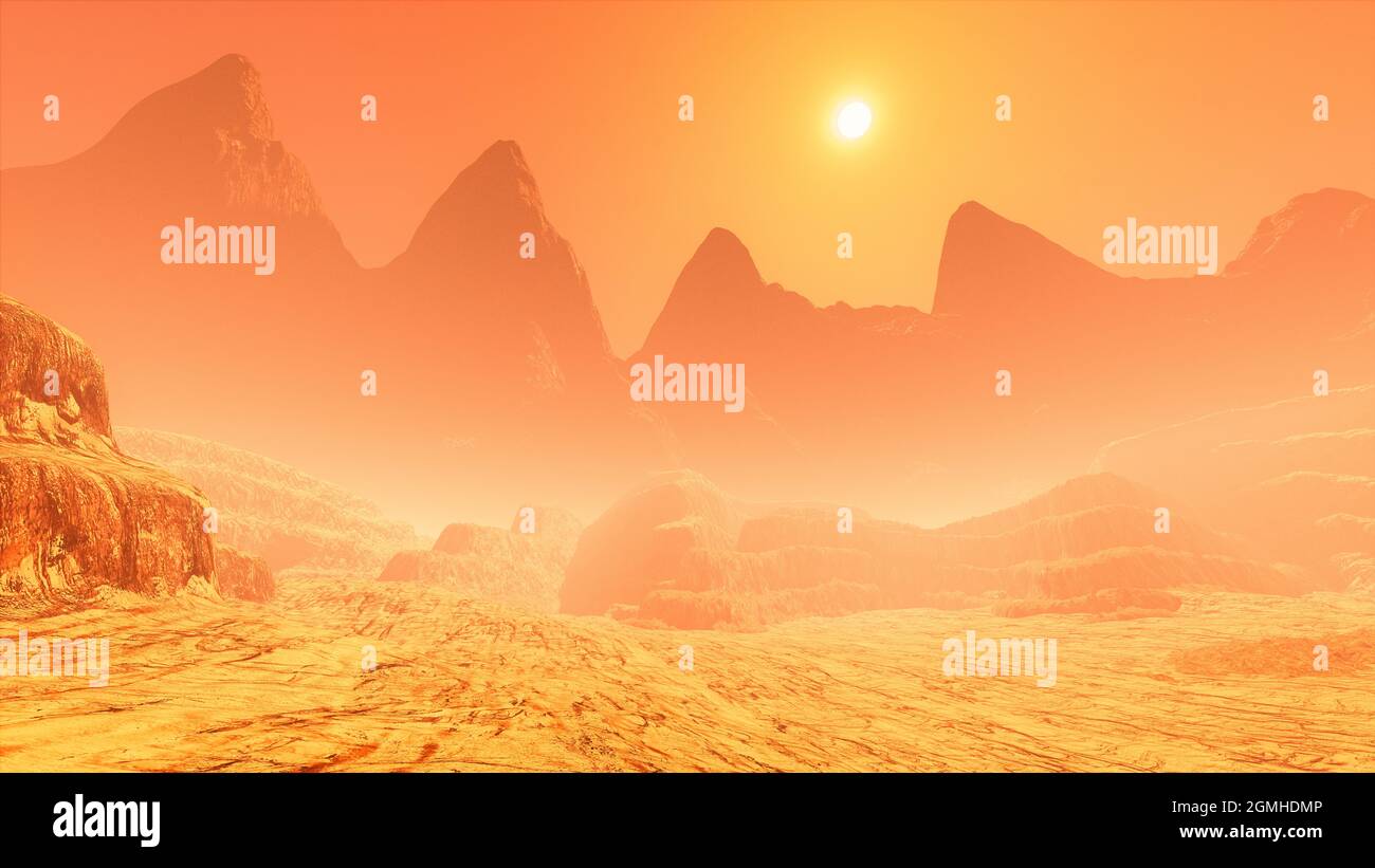 Mars-Landschaft Wüstenplanetengelände mit Sandsturm, Bergen und orangefarbenem Sonnenuntergangshimmel. Science-Fiction-3D-Illustration. Stockfoto
