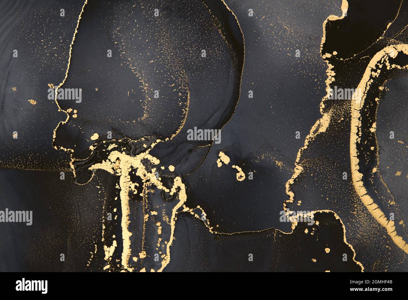 Luxus Malerei Hintergrund in Alkohol Tinte Stil. Schwarz mit Goldfarbe. Stockfoto
