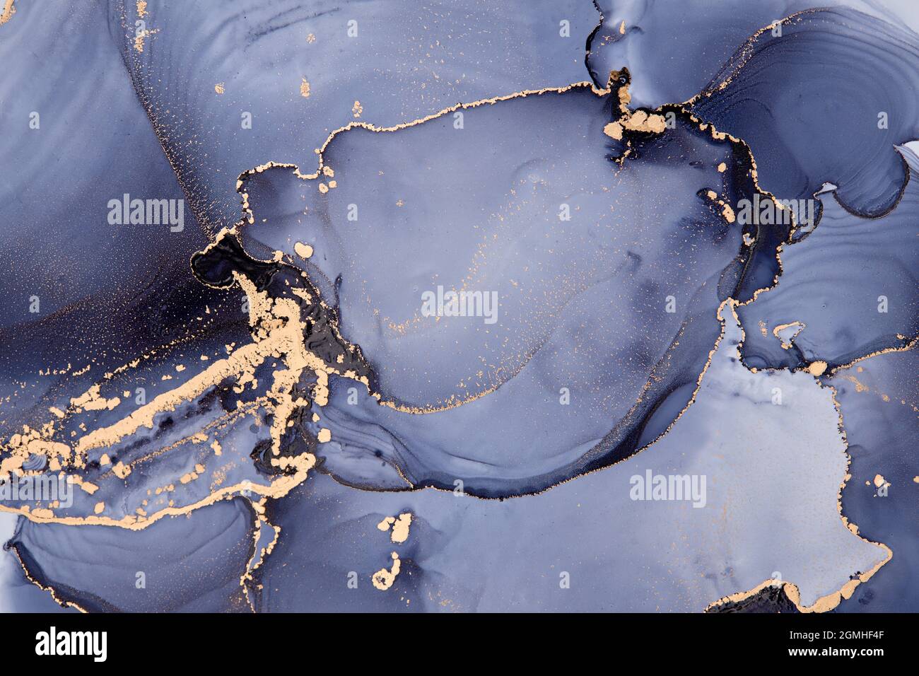 Luxus abstrakt Flüssigkeit Kunst Malerei Hintergrund Alkohol Tinte Technik Blau und Gold. Stockfoto