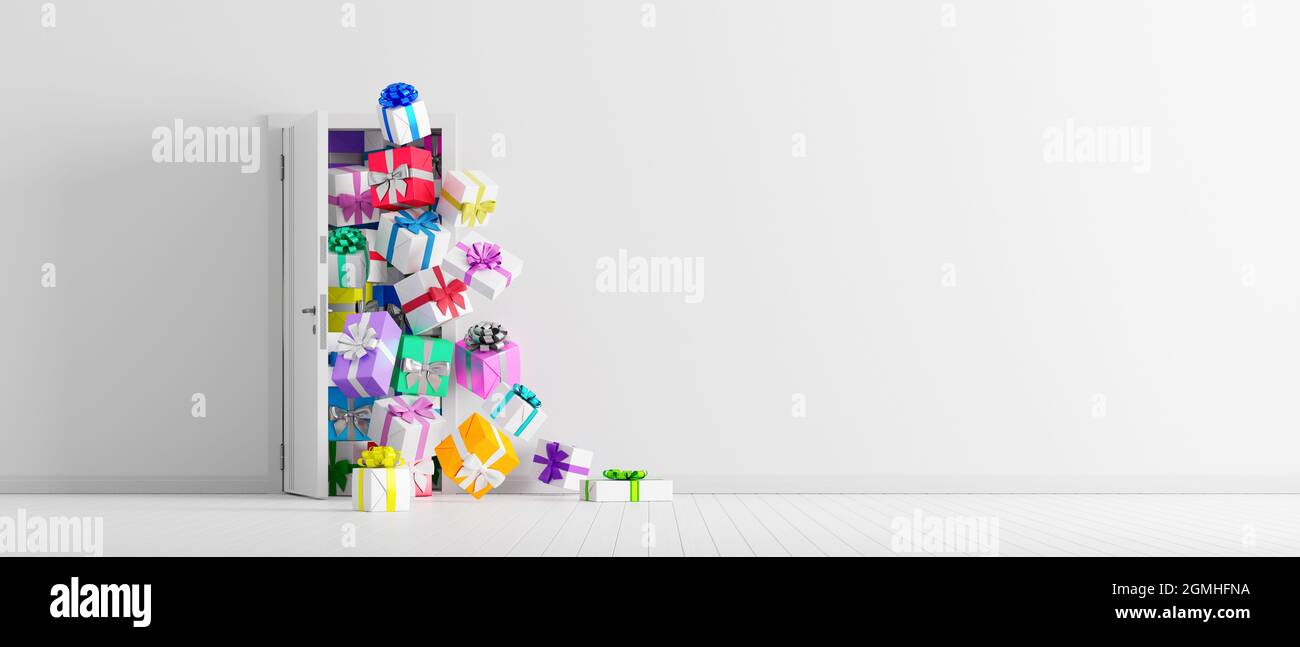 Farbenfrohe Geschenke fallen durch die offene Tür in einem weißen Raum mit Kopierraum heraus. Weihnachtszeit Konzept 3d Rendern 3d-Illustration Stockfoto