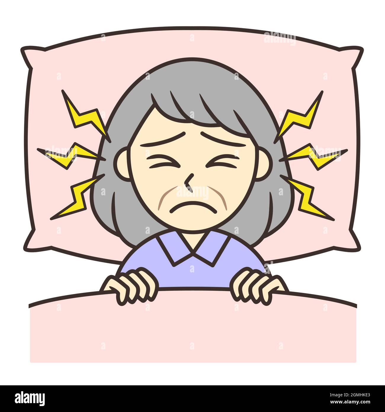 Eine ältere Frau, die aufgrund von Tinnitus an Schlaflosigkeit leidet Stockfoto