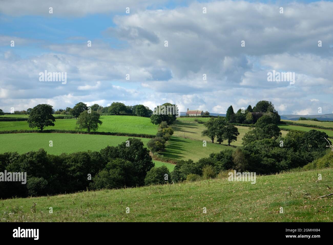Die Kirche von St. David's, Maesmynis, in der Nähe von Builth Wells, Powys, Wales. Die Kirche steht auf einem Hügel mit Blick auf das Irfon-Tal Stockfoto