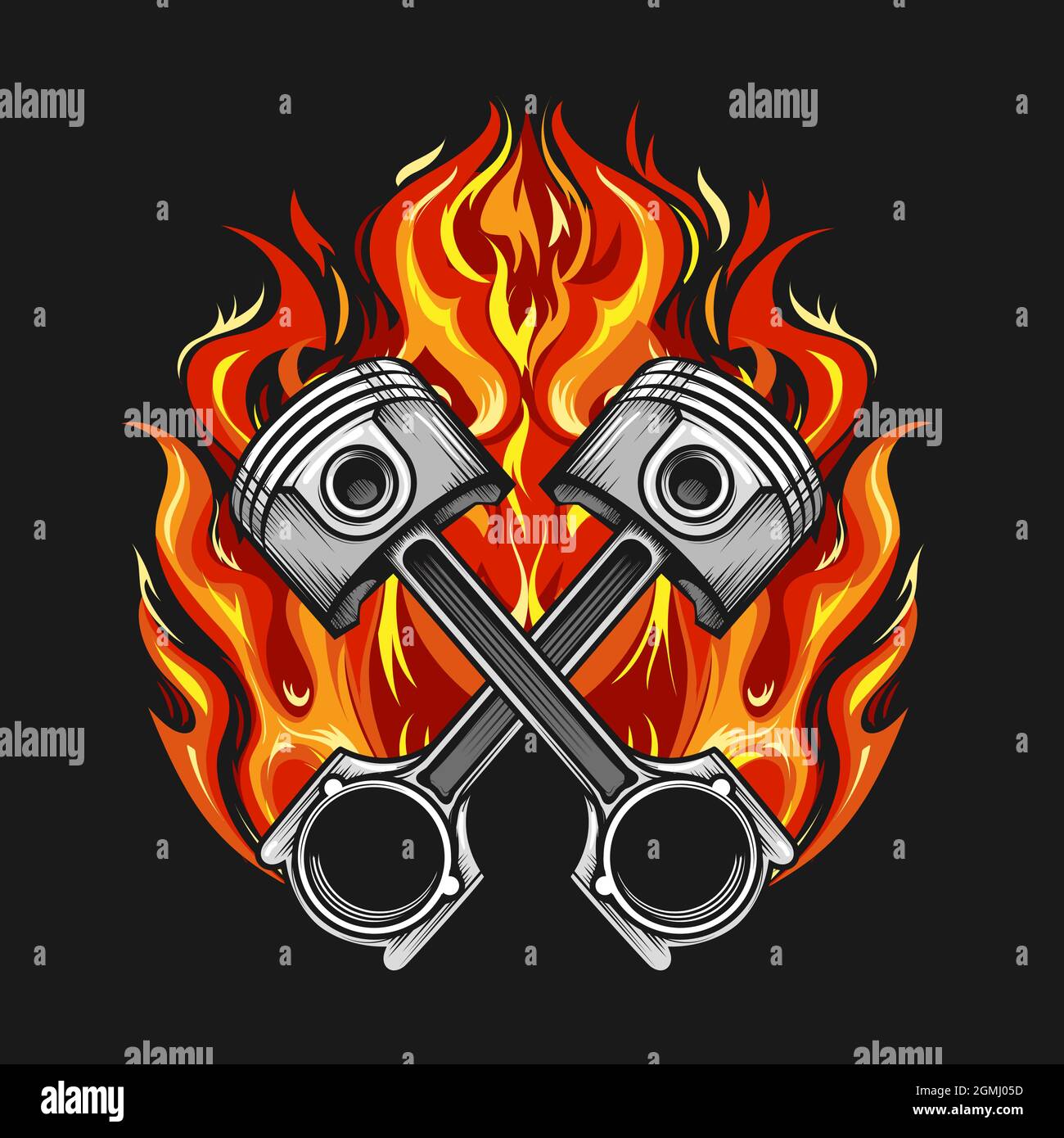 Zwei gekreuzte Kolben brennen in Flammen auf schwarzem Hintergrund. Biker-Club-Emblem. Vektorilustration. Stock Vektor