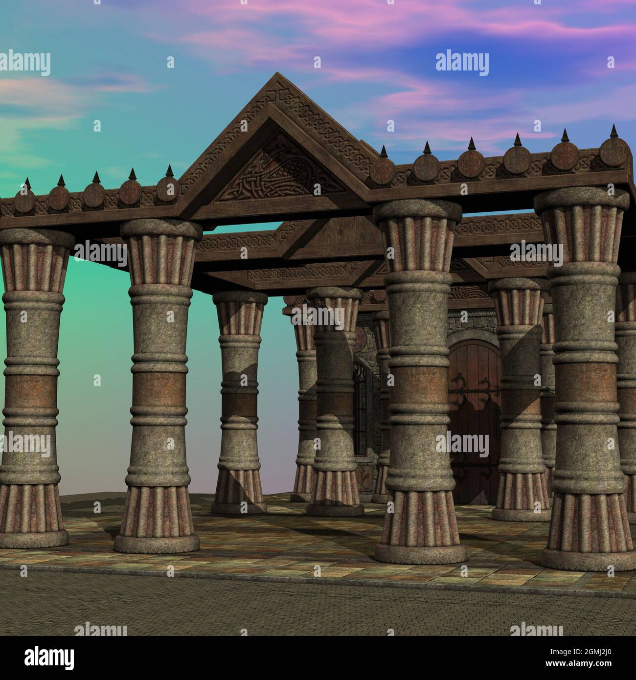 3d-Illustration eines Fantasy-Tempels mit einem bunten Himmel Stockfoto