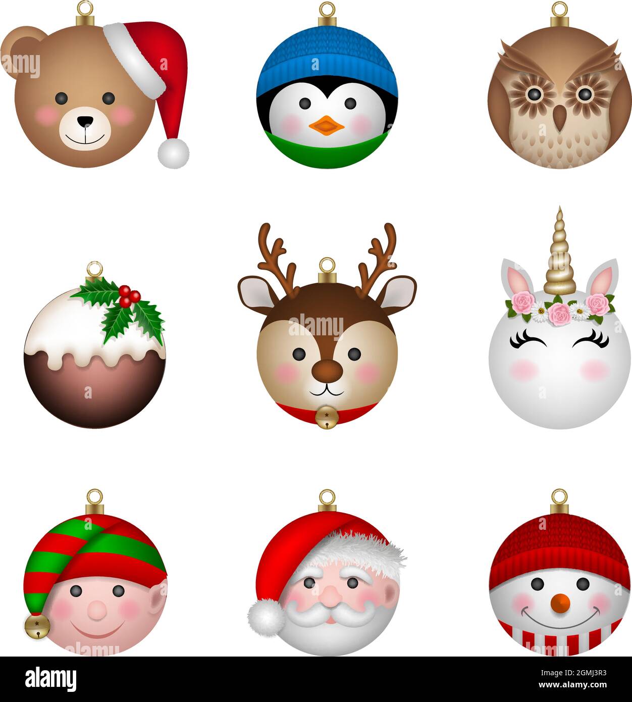 Set von weihnachtskugeln in Form von lustigen Charakteren Stock Vektor
