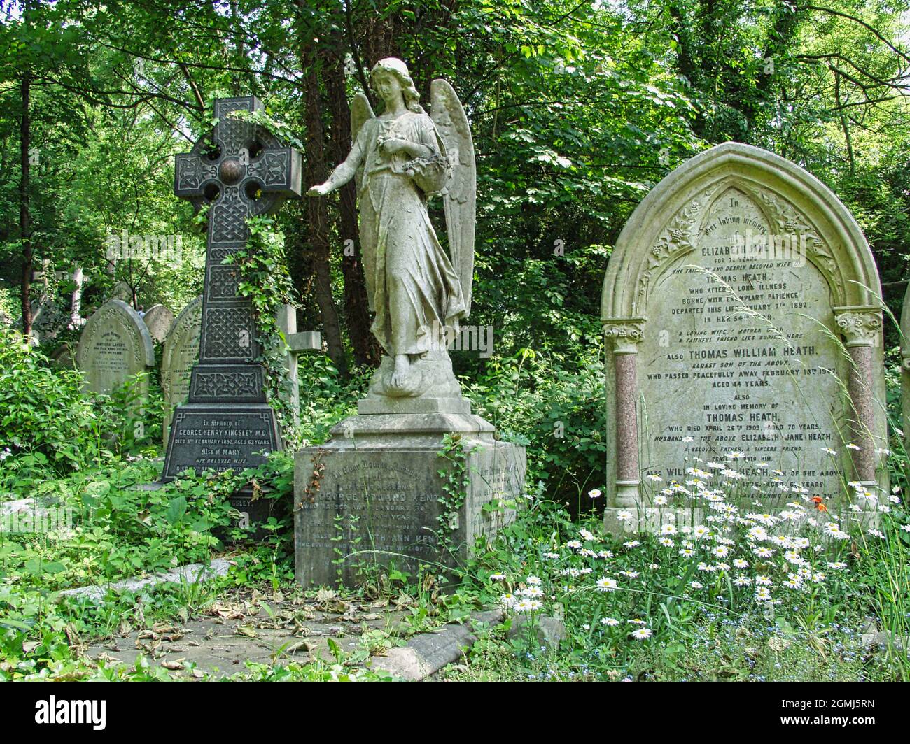 Skulptur eines Engels auf einem Grab, Highgate Cemetery, London, Großbritannien. Stockfoto