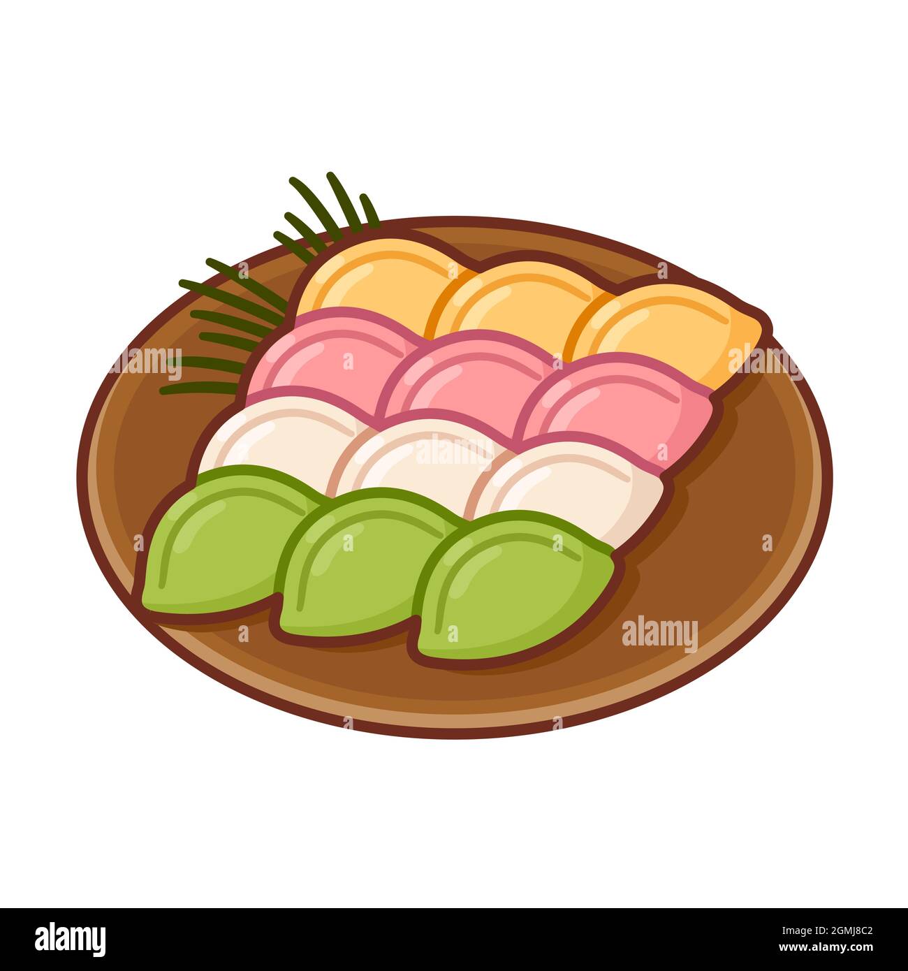 Songpyeon, traditionelle koreanische Küche, halbmondförmige Reiskuchen mit süßer Füllung. Auf einem Teller angeordnet, mit Kiefernnadeln verziert. Cartoon-Vektor i Stock Vektor