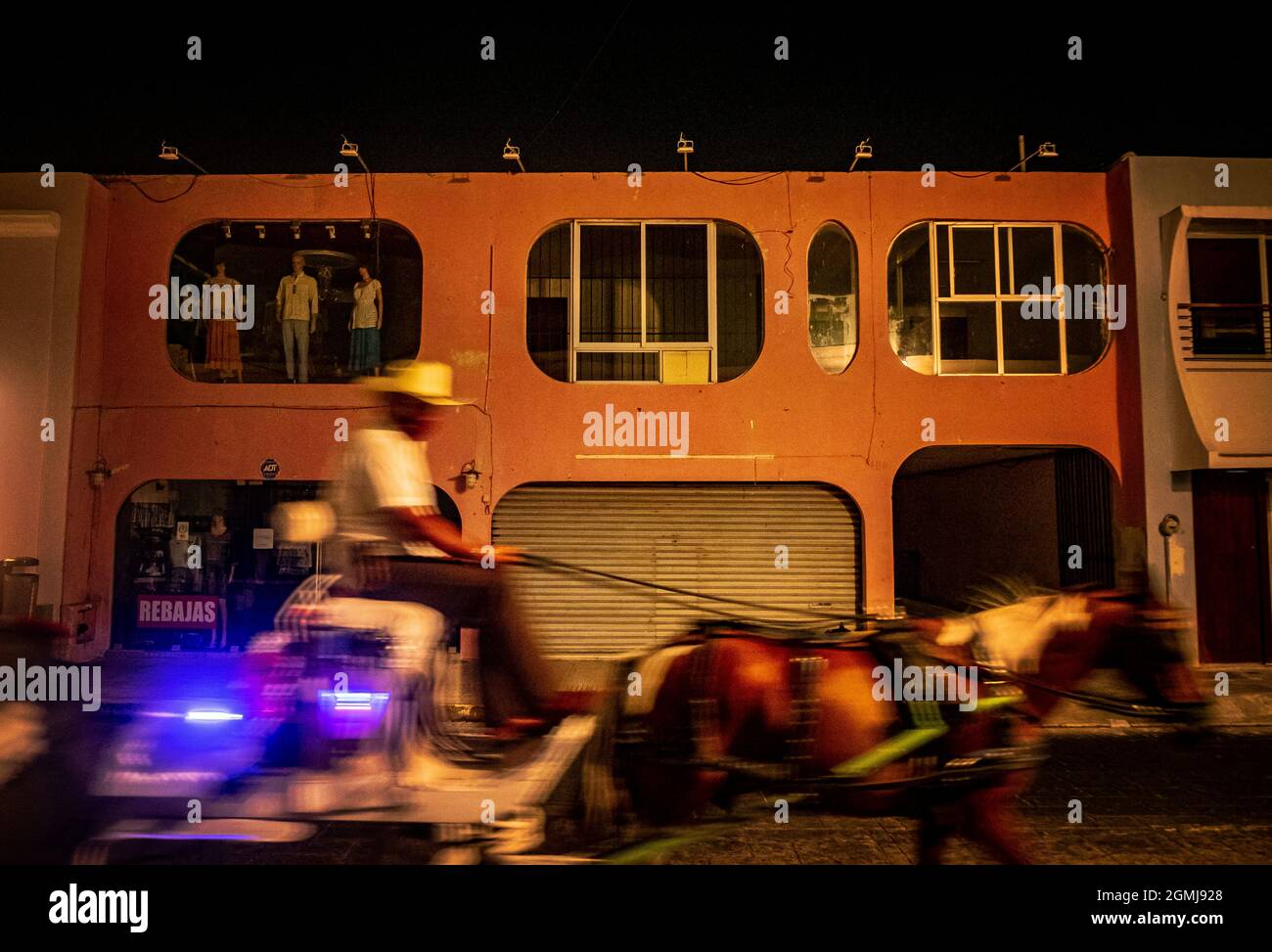 Mérida, Mexiko, Pferdekutsche bei Nacht, seltsame Schaufenster Stockfoto