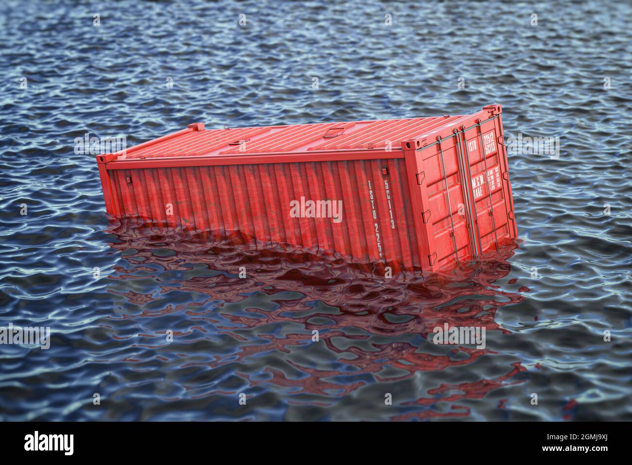 Frachtcontainer im Meer oder Meer verloren. Cargo-Durance-Konzept. 3d-Illustration Stockfoto