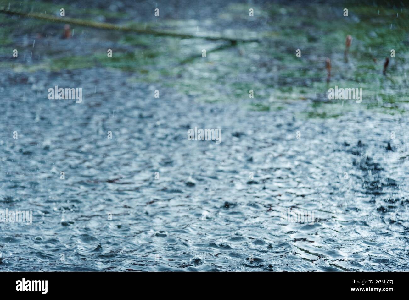 Regen fällt auf die Wasseroberfläche in einer Pfütze mit abgestuftem Schatten von schwarzem Schatten und Reflexion des blauen Himmels Stockfoto