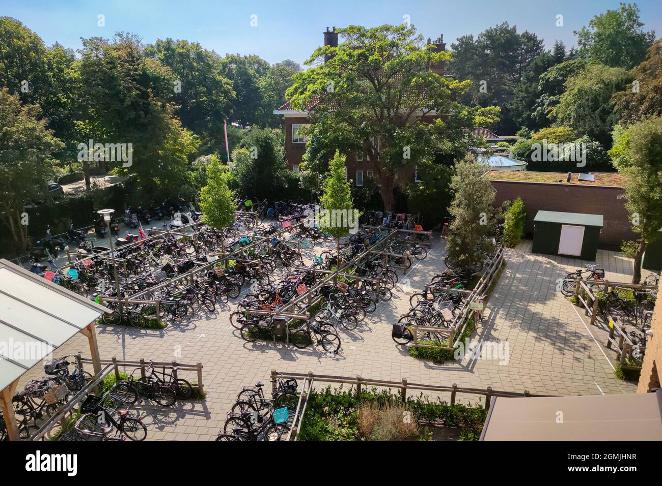 Viele Fahrräder befinden sich auf dem Schulhof einer weiterführenden Schule. Eine gemeinsame Szene in den Niederlanden Stockfoto