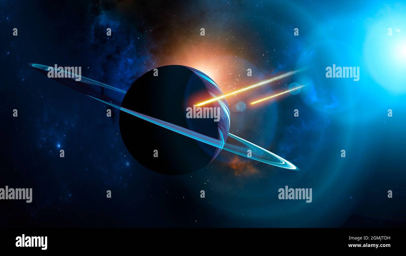 Planet mit Ringen und Kometen, Meteoritenasteroiden, die vorbei sausen. Kataklysmen. Bildung und Erschaffung neuer Welten. Exoplaneten, Galaxien und Nebel Stockfoto