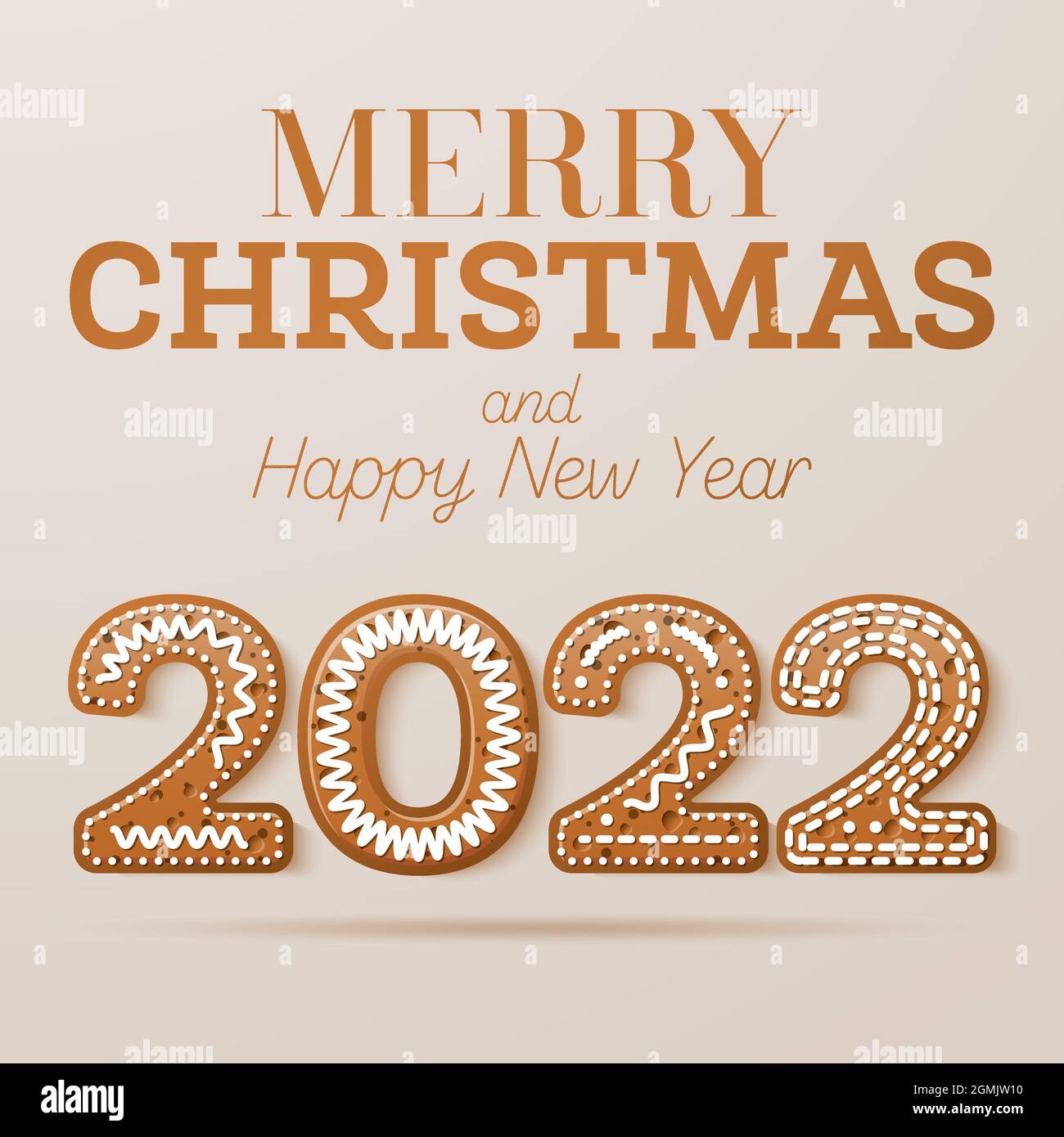 Weihnachtskarte mit glaztem Text im Cookie-Stil. Frohes neues Jahr 2022 mit Lebkuchenzahlen. Vektorgrafik. Stock Vektor