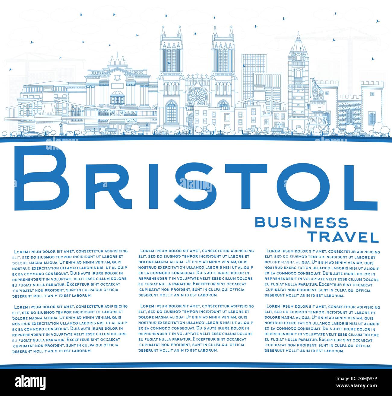Skizzieren Sie die Skyline von Bristol UK mit blauen Gebäuden und Kopierflächen. Vektorgrafik. Bristol England Stadtbild mit Wahrzeichen. Geschäftsreisen. Stock Vektor