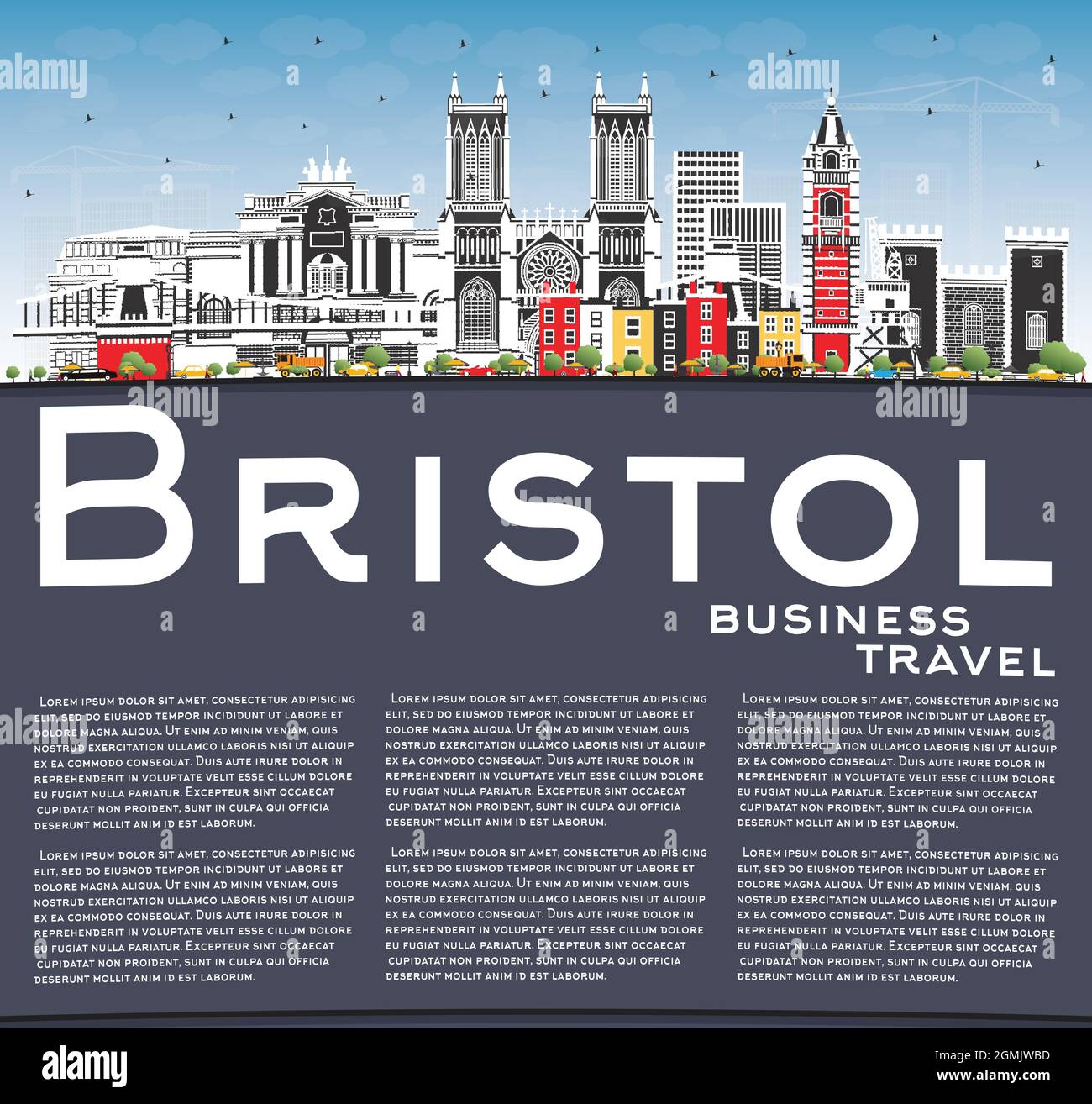 Skyline von Bristol UK mit farbigen Gebäuden, blauem Himmel und Kopierbereich. Vektorgrafik. Bristol England Stadtbild mit Wahrzeichen. Geschäftsreisen. Stock Vektor