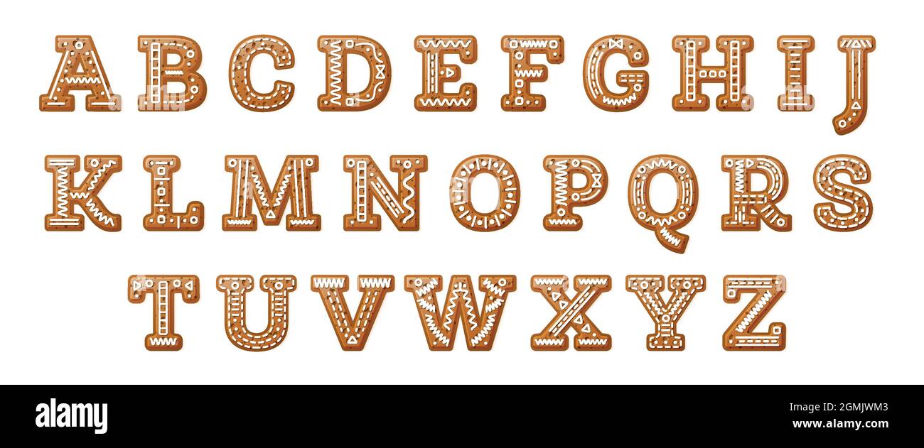 Lebkuchen Cartoon Alphabet isoliert auf Weiß. Englische Buchstaben. Vektorgrafik. Weihnachtsplätzchen. Weihnachtsgebäck. Stock Vektor