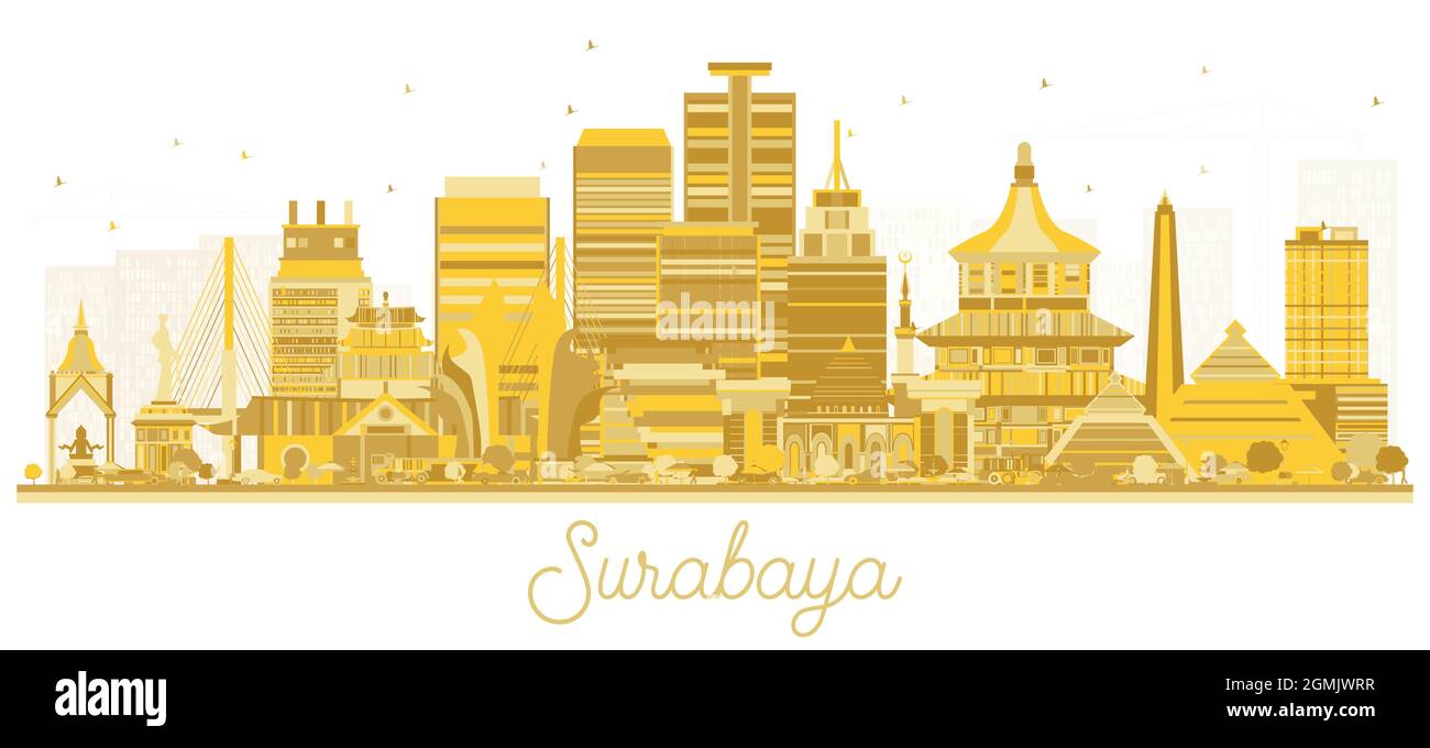 Surabaya Indonesia City Skyline mit goldenen Gebäuden isoliert auf Weiß. Vektorgrafik. Business Travel und Tourismus Konzept. Stock Vektor