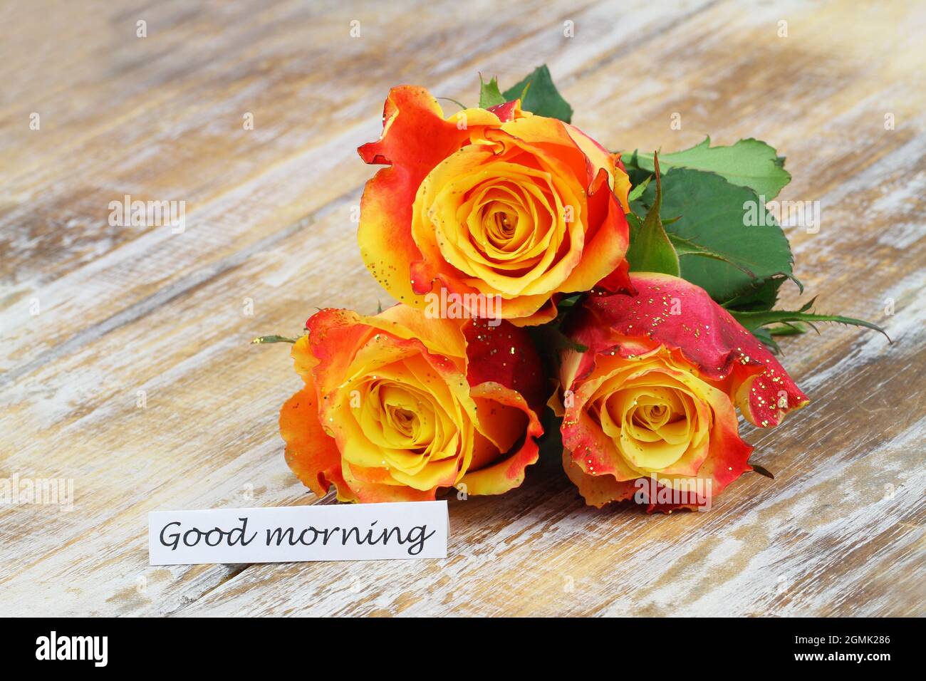 Good Morning Karte mit drei schönen bunten Rosen mit Glitzer auf Holzfläche bedeckt Stockfoto