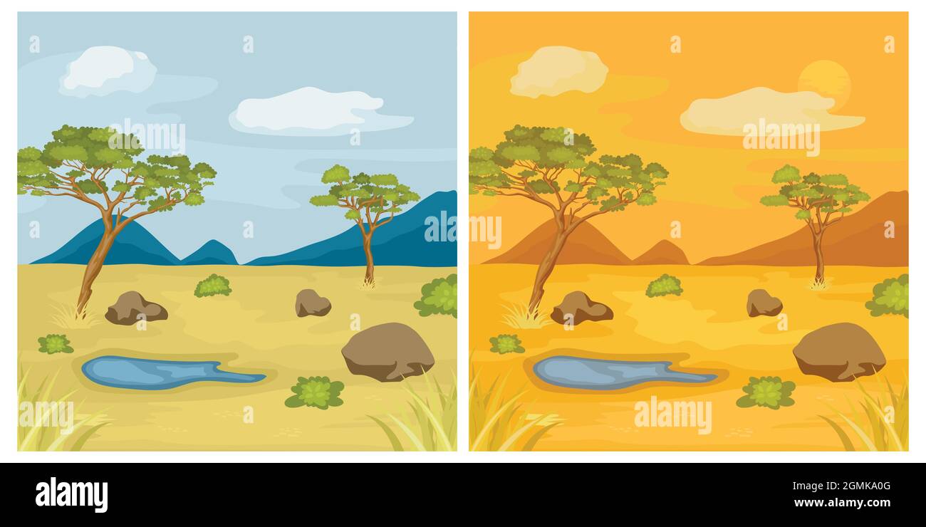 Natürliche Landschaftsdarstellung. African Safari Flat Vector Banner Set. Savannah-Konzept. Tropischer Tourismus, Exotisches Erholungsposter. Wildnis Stock Vektor